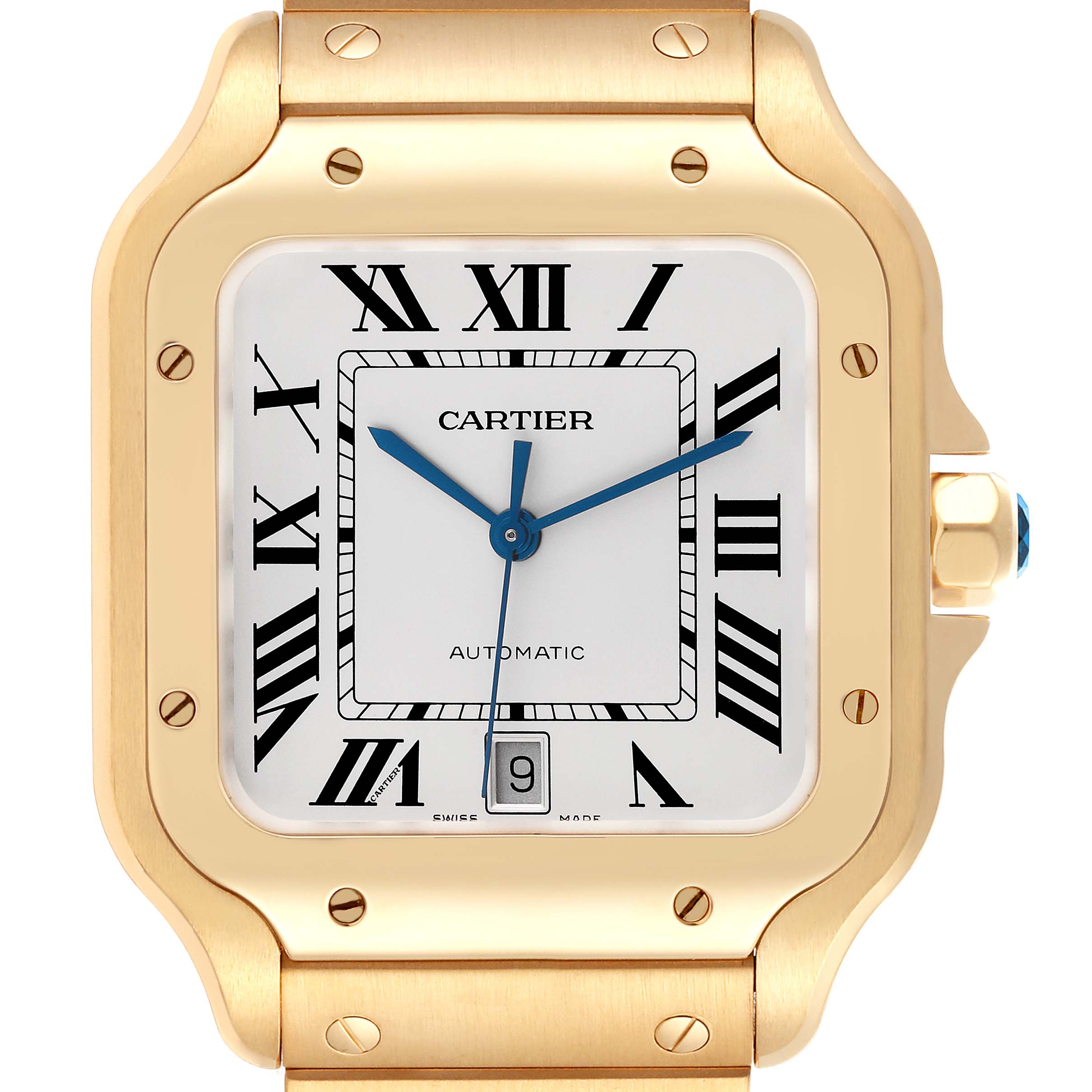 The Cartier Santos WGSA029 Men's Yellow Gold Silver Dial WGSA029 Men's Yellow Gold Silver Dial watch is shown from the front, highlighting the dial, case, and part of the bracelet.