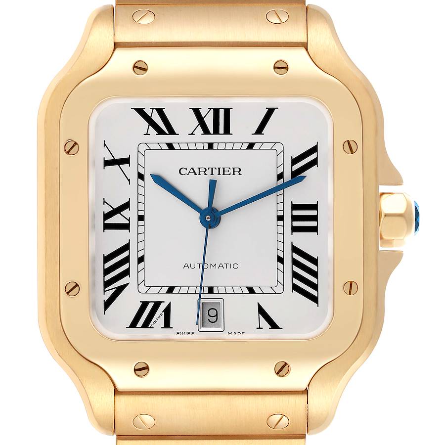 The Cartier Santos watch is shown from the front, highlighting the dial, case, and part of the bracelet.