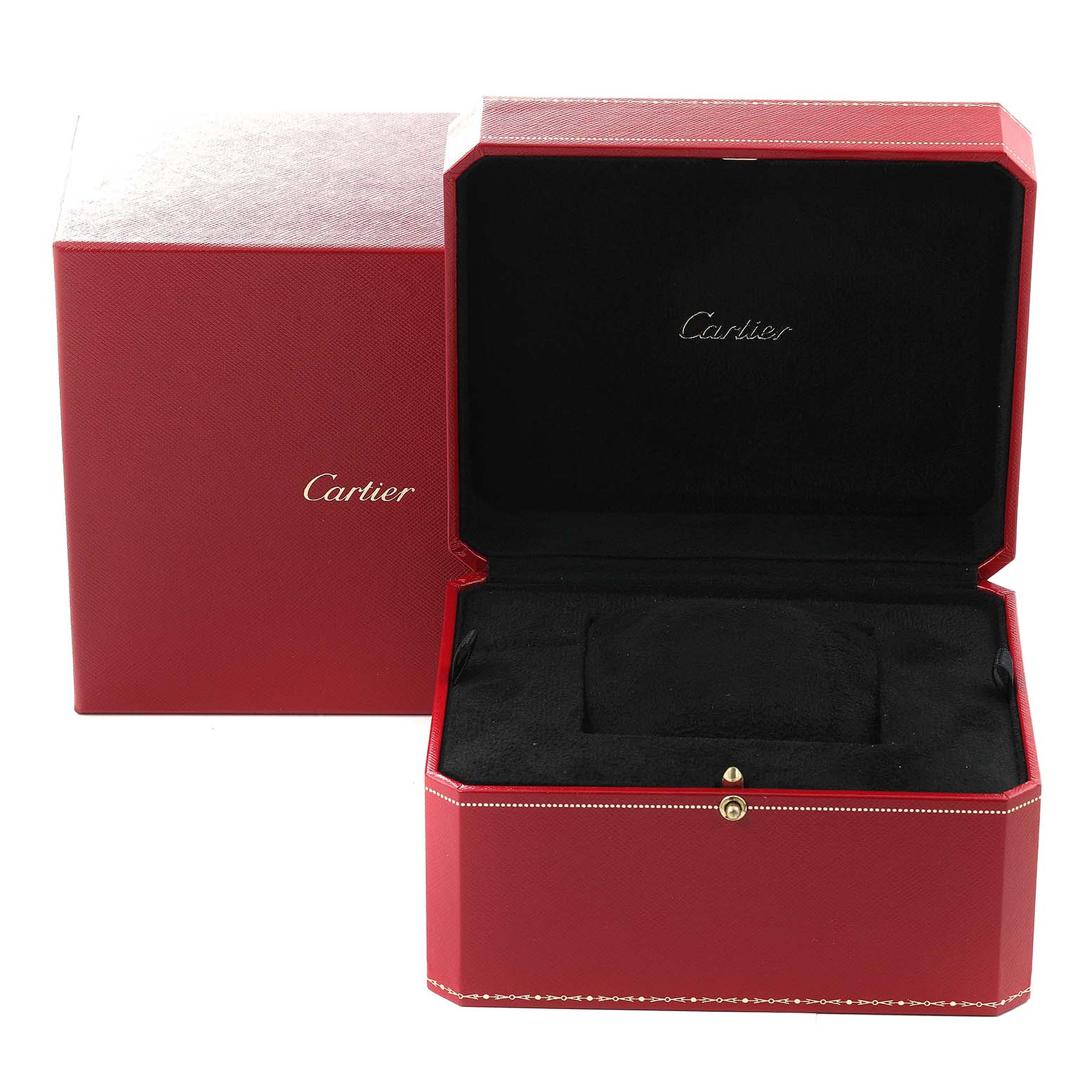 The image shows an open red Cartier box and an outer box, likely for the Tank Anglaise model watch, with the Cartier logo inside.