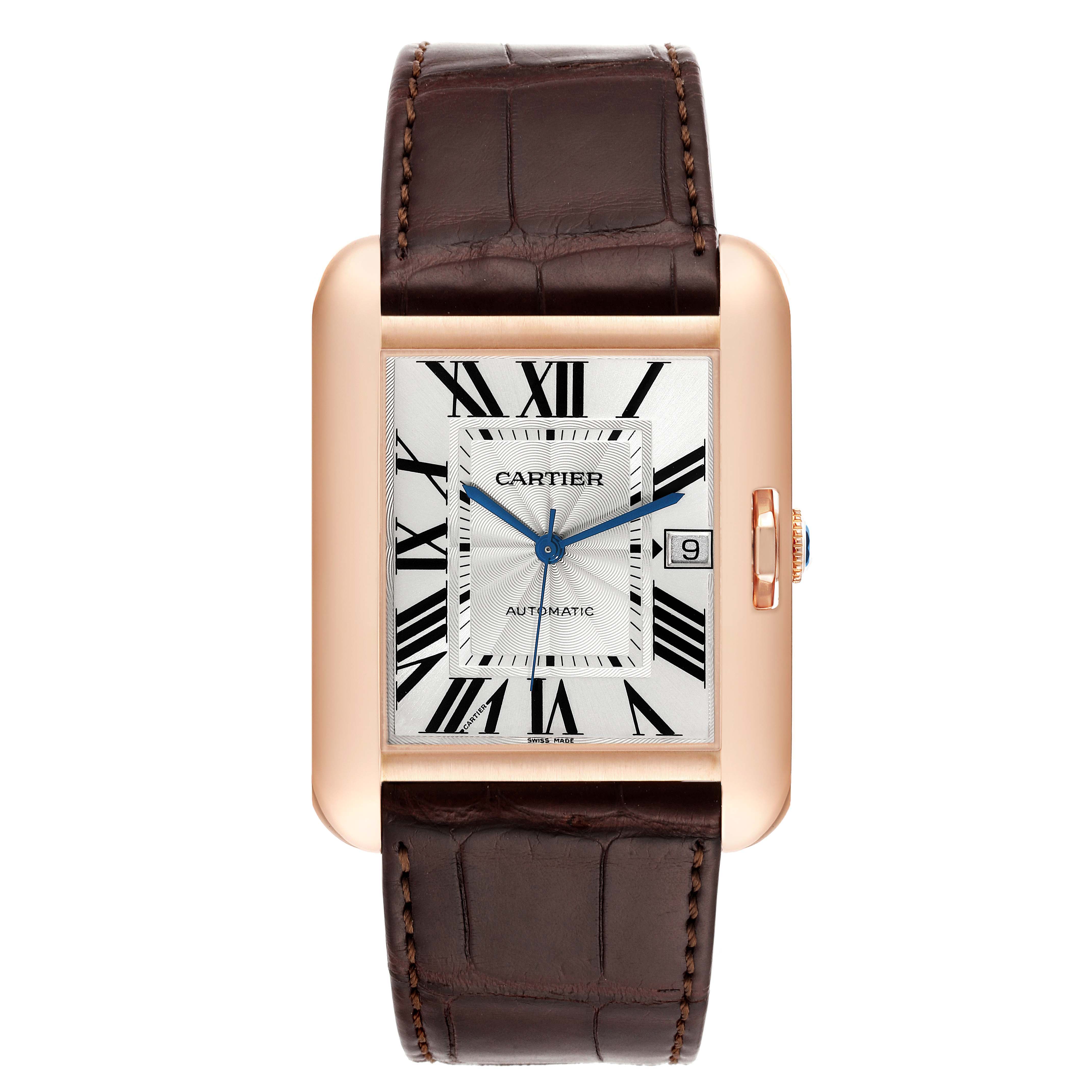 The image shows a Cartier Tank Anglaise W5310004 Men's Rose Gold Silver Dial W5310004 Men's Rose Gold Silver Dial watch with a brown leather strap, Roman numeral dial, and rectangular rose gold casing.