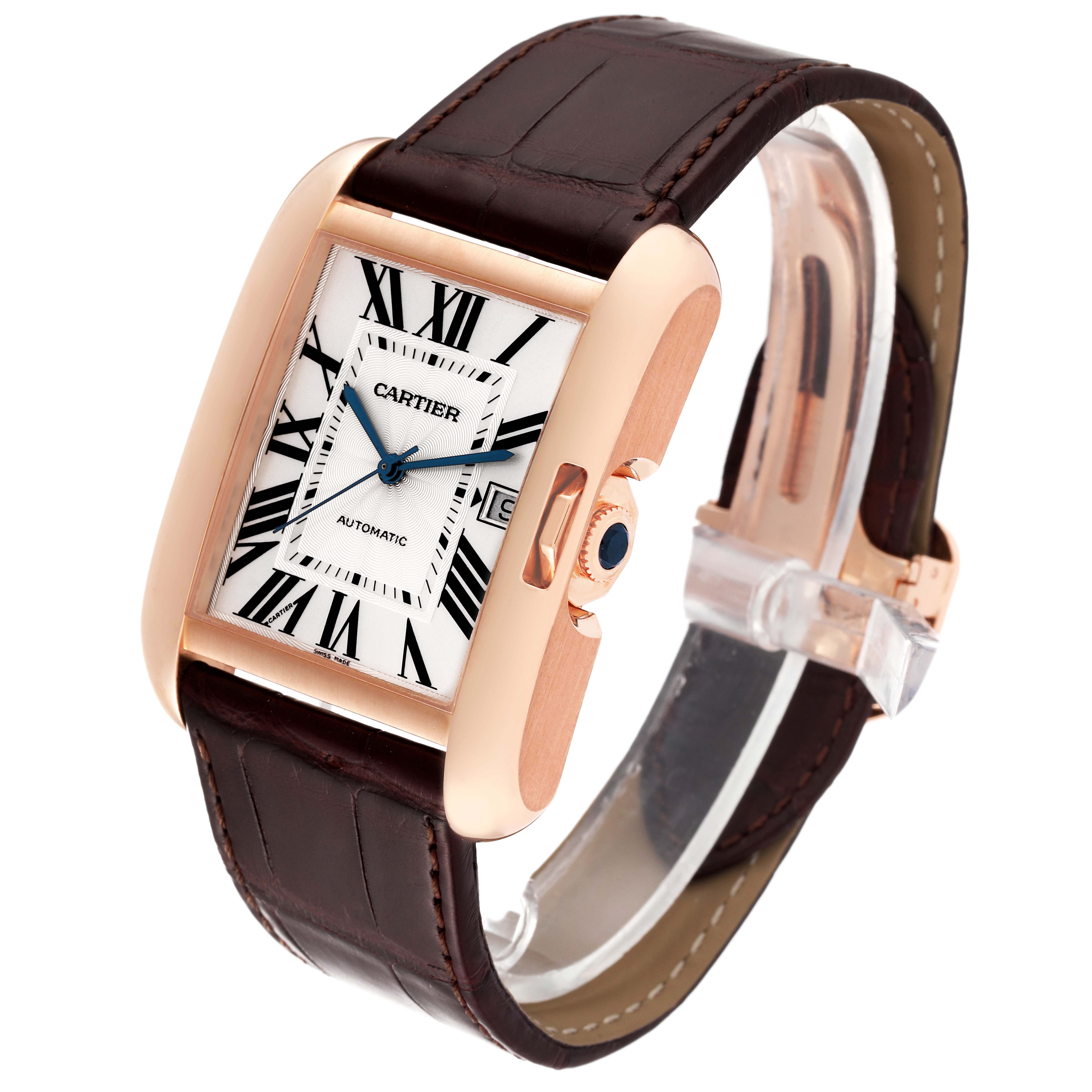 The image shows a Cartier Tank Anglaise W5310004 Men's Rose Gold Silver Dial W5310004 Men's Rose Gold Silver Dial watch at a three-quarter angle, highlighting its rectangular face, crown, and brown leather strap.