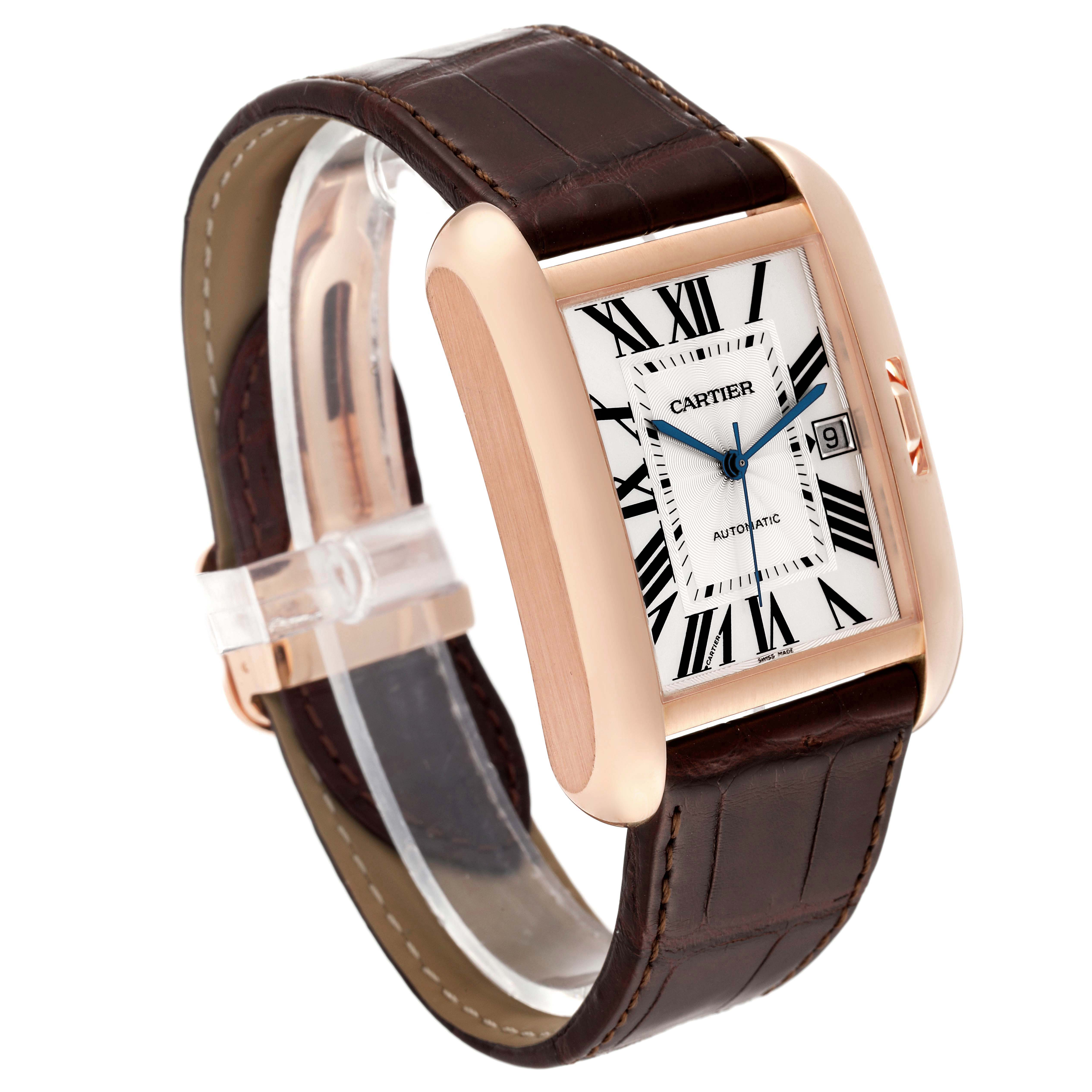 The image shows a Cartier Tank Anglaise W5310004 Men's Rose Gold Silver Dial W5310004 Men's Rose Gold Silver Dial watch at a three-quarter angle, highlighting its face, leather strap, and metal casing.