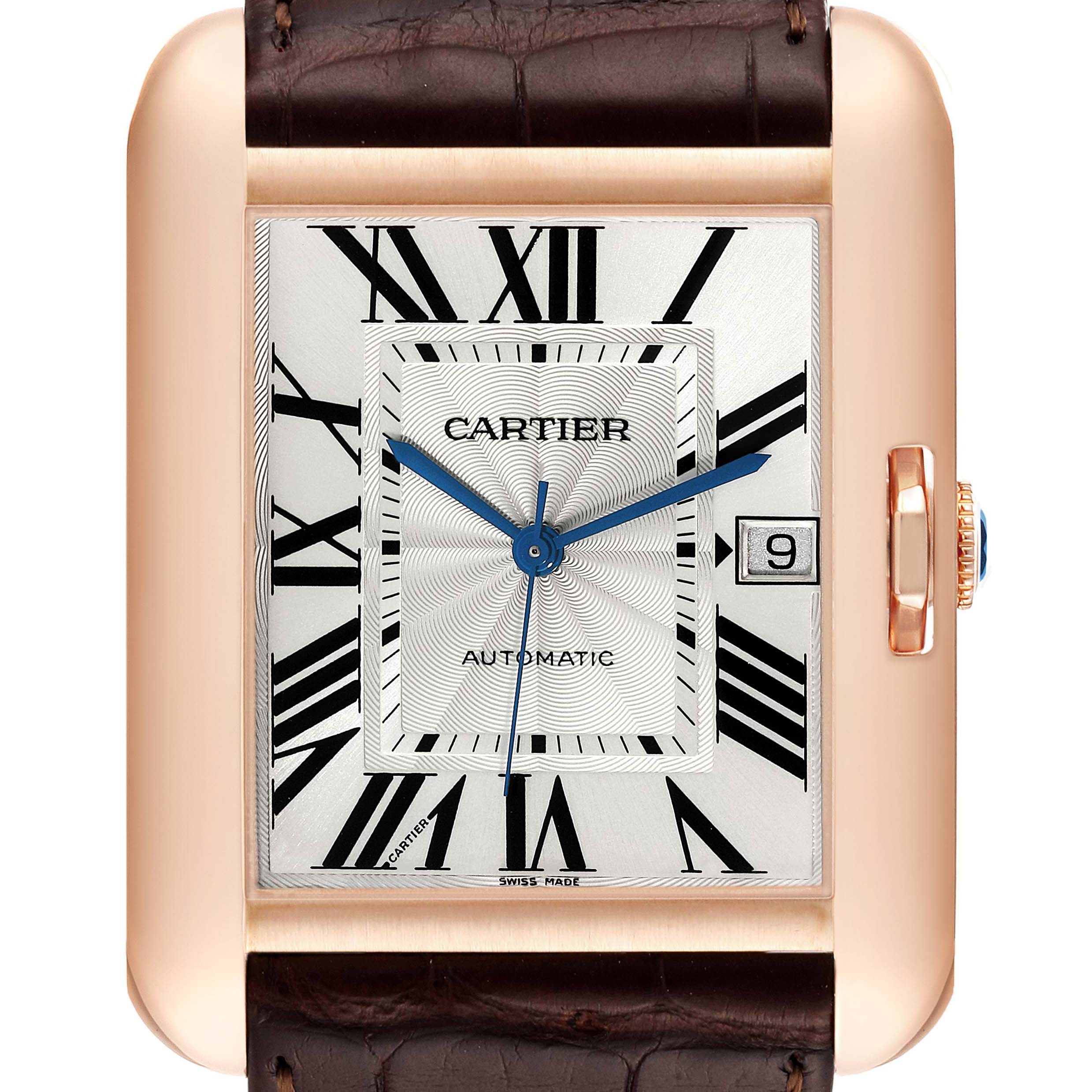 This is a close-up, front-facing view of the Cartier Tank Anglaise W5310004 Men's Rose Gold Silver Dial W5310004 Men's Rose Gold Silver Dial watch, showing its face, hands, case, and part of the strap.