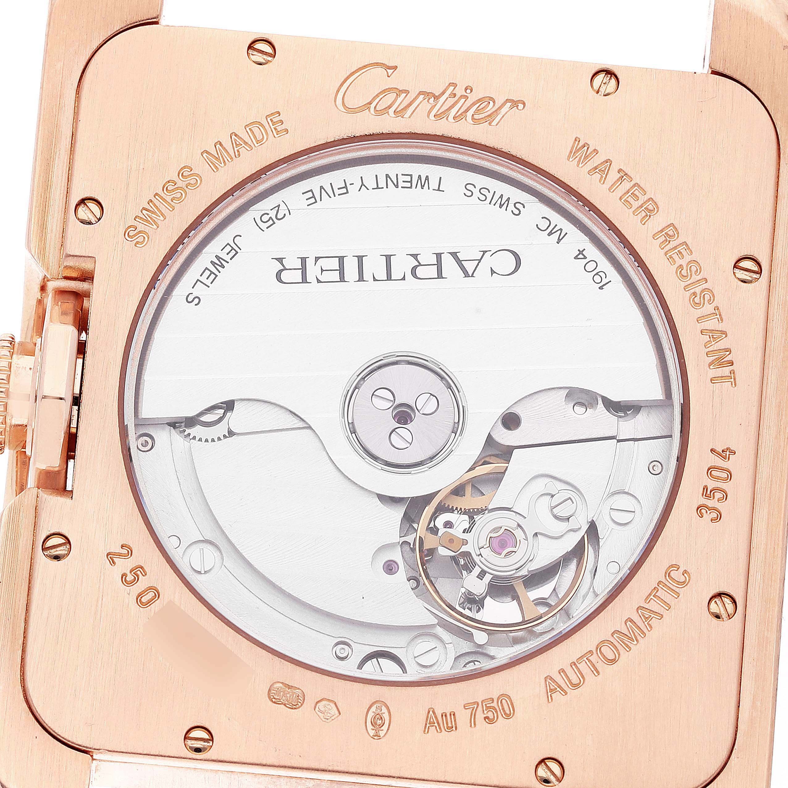 This image shows the back view of the Cartier Tank Anglaise W5310004 Men's Rose Gold Silver Dial W5310004 Men's Rose Gold Silver Dial watch, displaying the exposed movement and engravings.