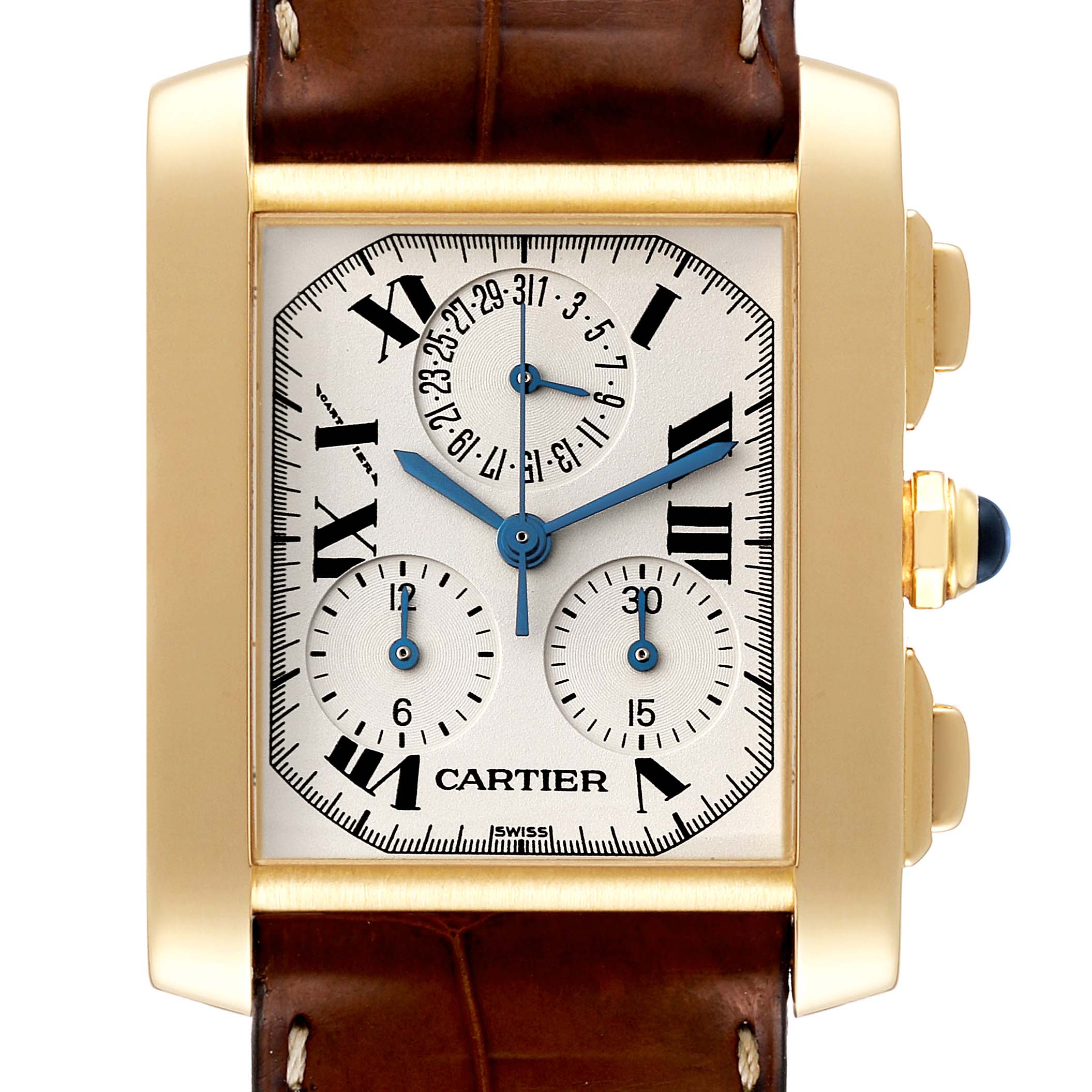 The image shows a frontal view of the Cartier Tank Francaise W5000556 Men's Yellow Gold Silver Dial W5000556 Men's Yellow Gold Silver Dial watch, highlighting its rectangular dial, Roman numerals, and subdials.
