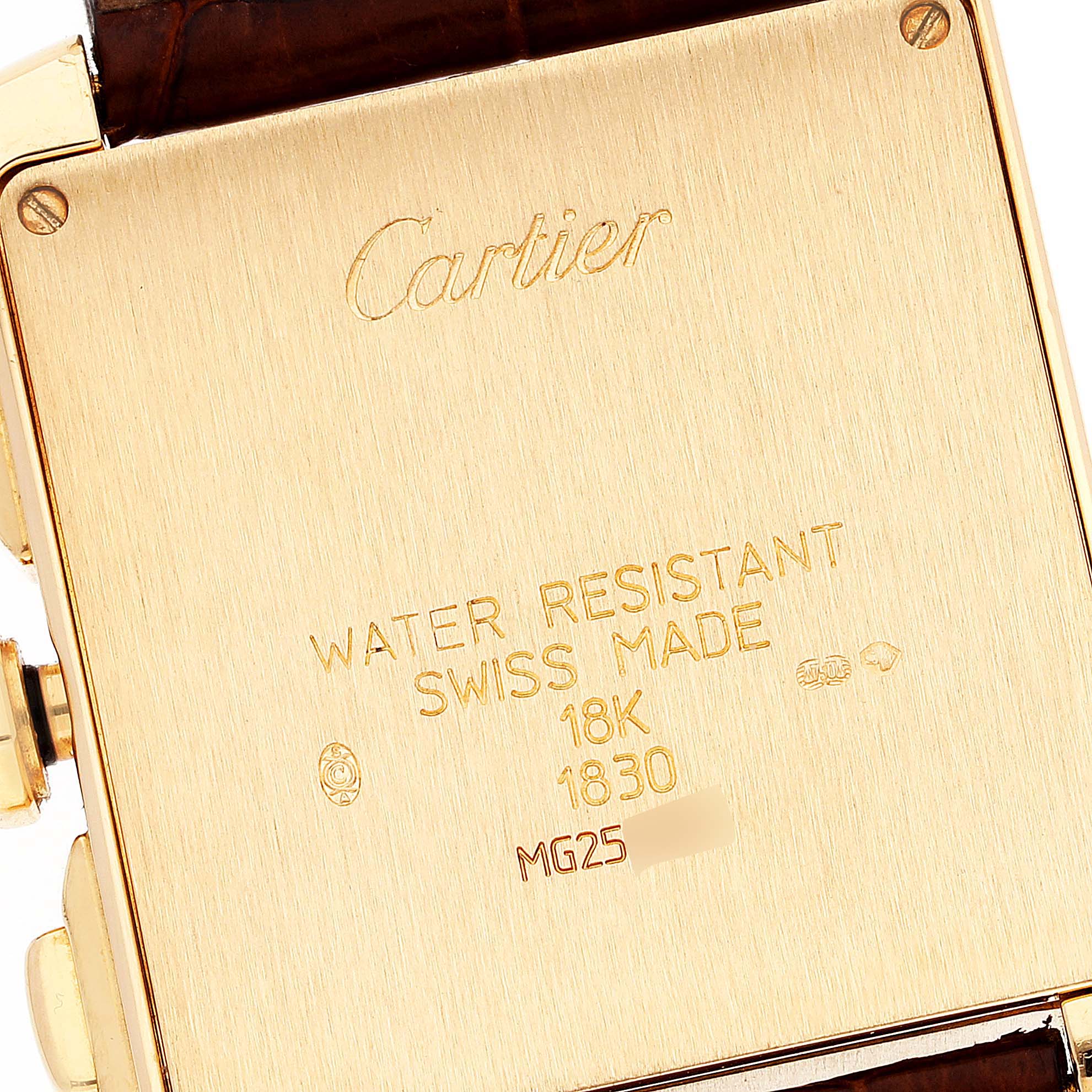 The image shows the back case of a Cartier Tank Française watch, highlighting its water resistance, 18K gold mark, and Swiss origin.