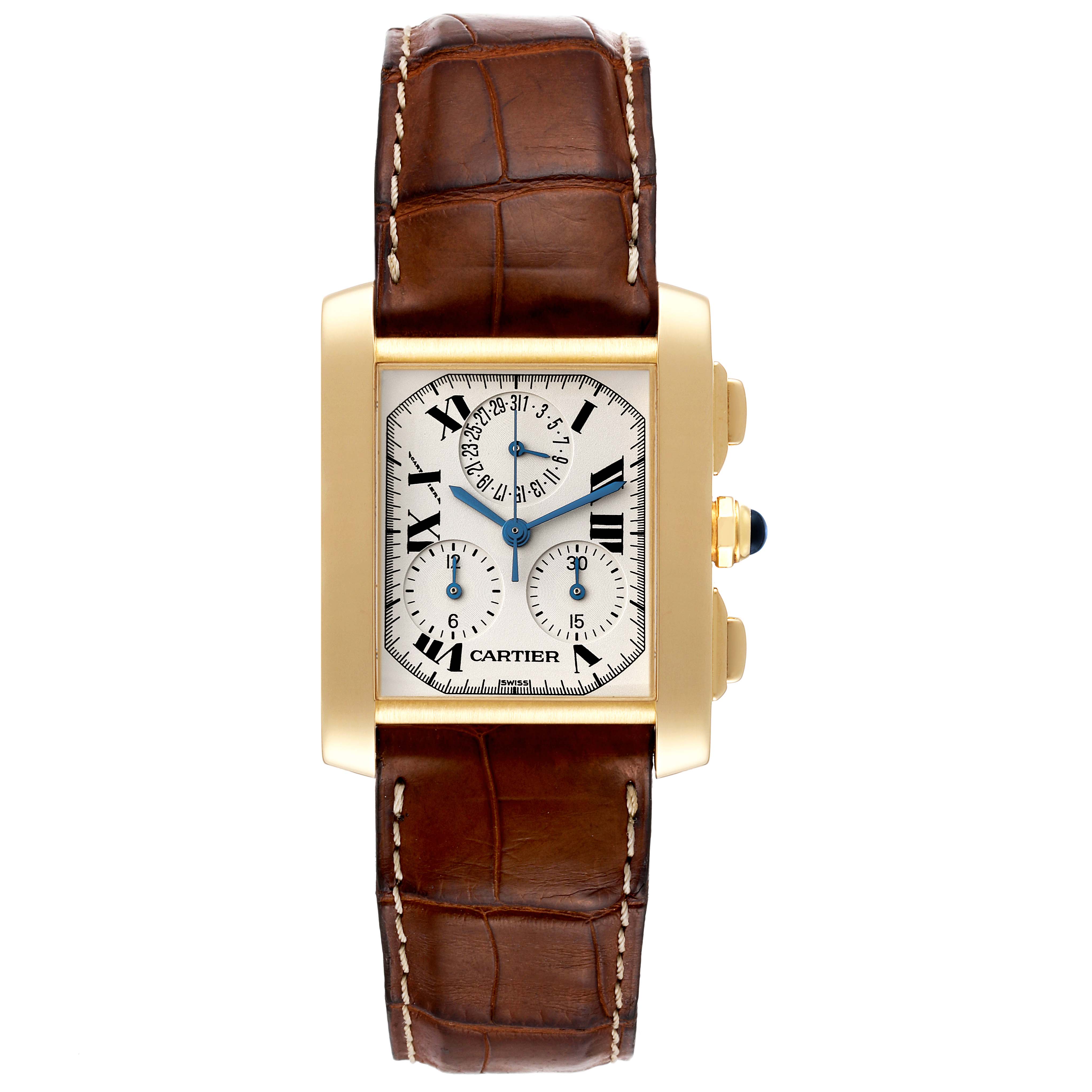 This image shows a front view of a Cartier Tank Francaise W5000556 Men's Yellow Gold Silver Dial W5000556 Men's Yellow Gold Silver Dial watch with a brown leather strap and gold case.