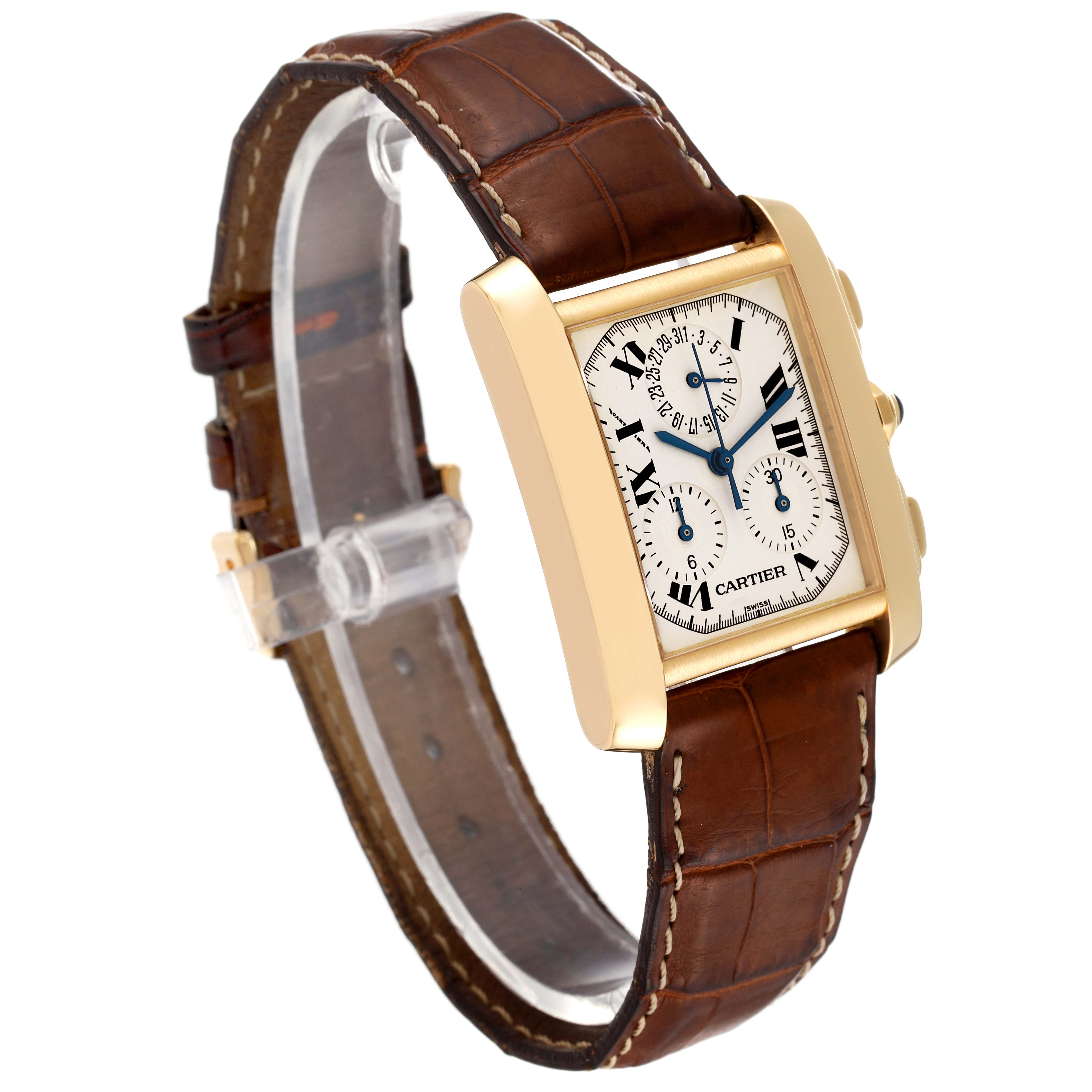 The image shows a Cartier Tank Francaise W5000556 Men's Yellow Gold Silver Dial W5000556 Men's Yellow Gold Silver Dial watch at a three-quarter angle, highlighting the dial and brown leather strap.