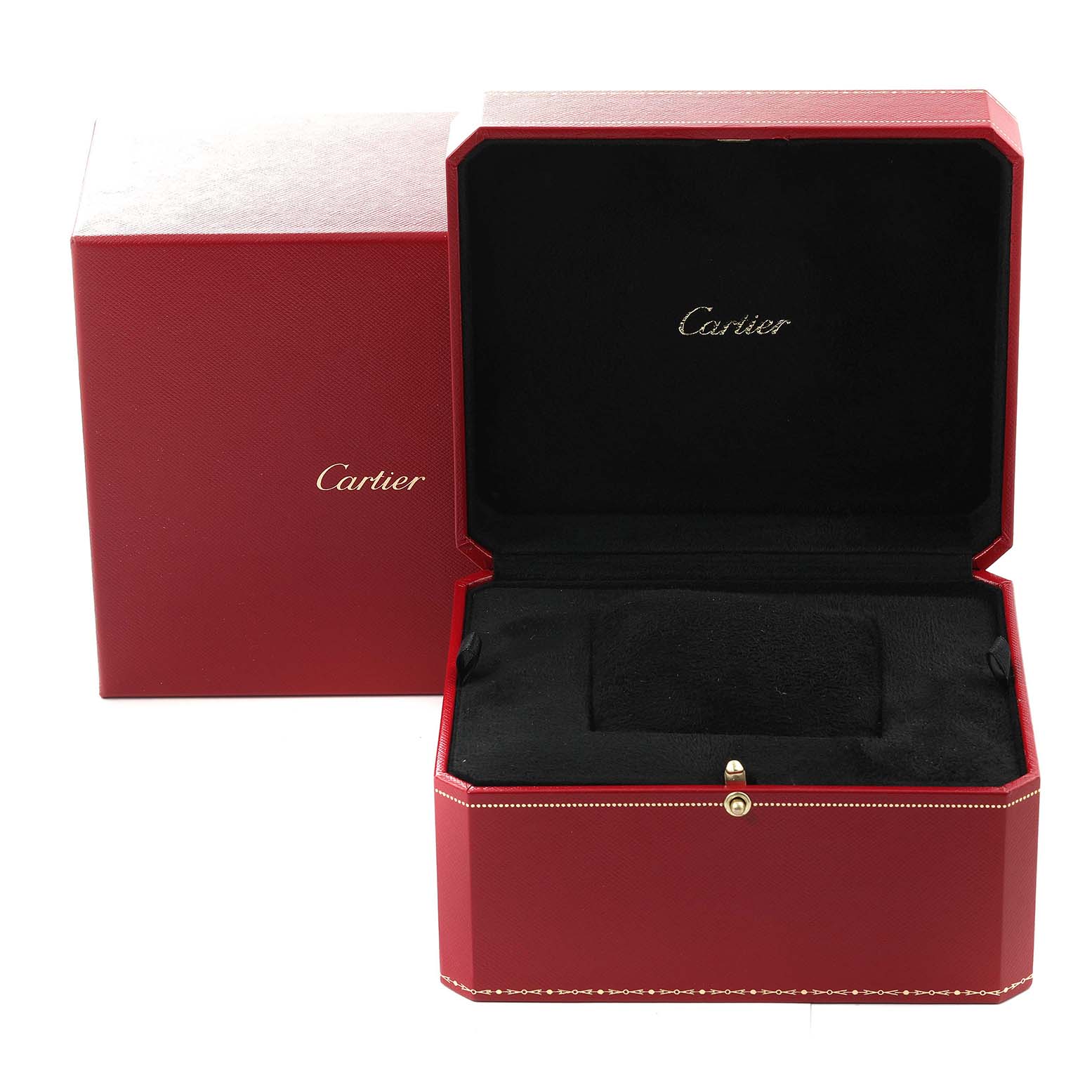 The image shows an open red Cartier watch box for the Tank Francaise model placed at a slightly elevated angle.