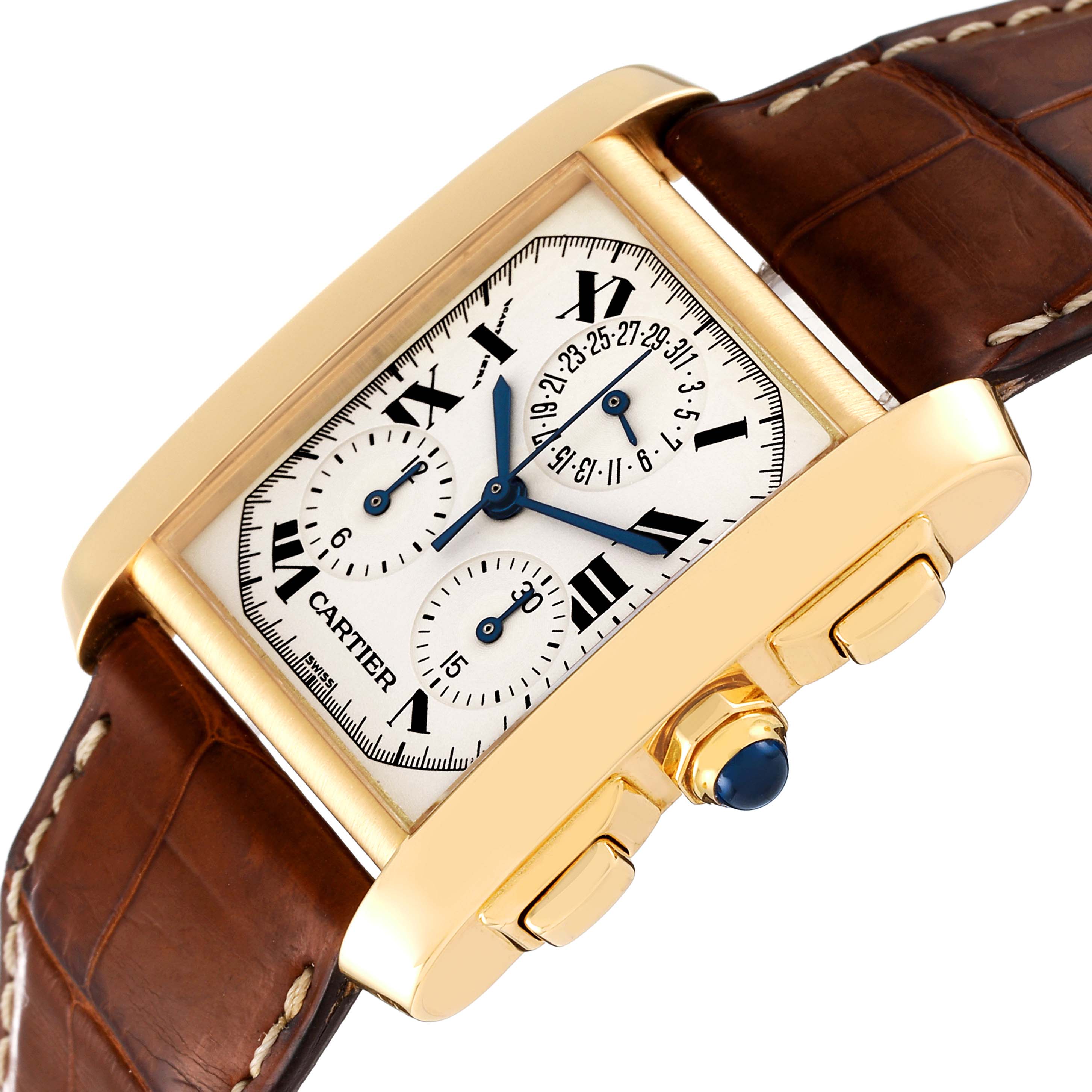 The image shows a close-up angled view of the Cartier Tank Francaise W5000556 Men's Yellow Gold Silver Dial W5000556 Men's Yellow Gold Silver Dial watch, featuring its dial, pushers, and leather strap.