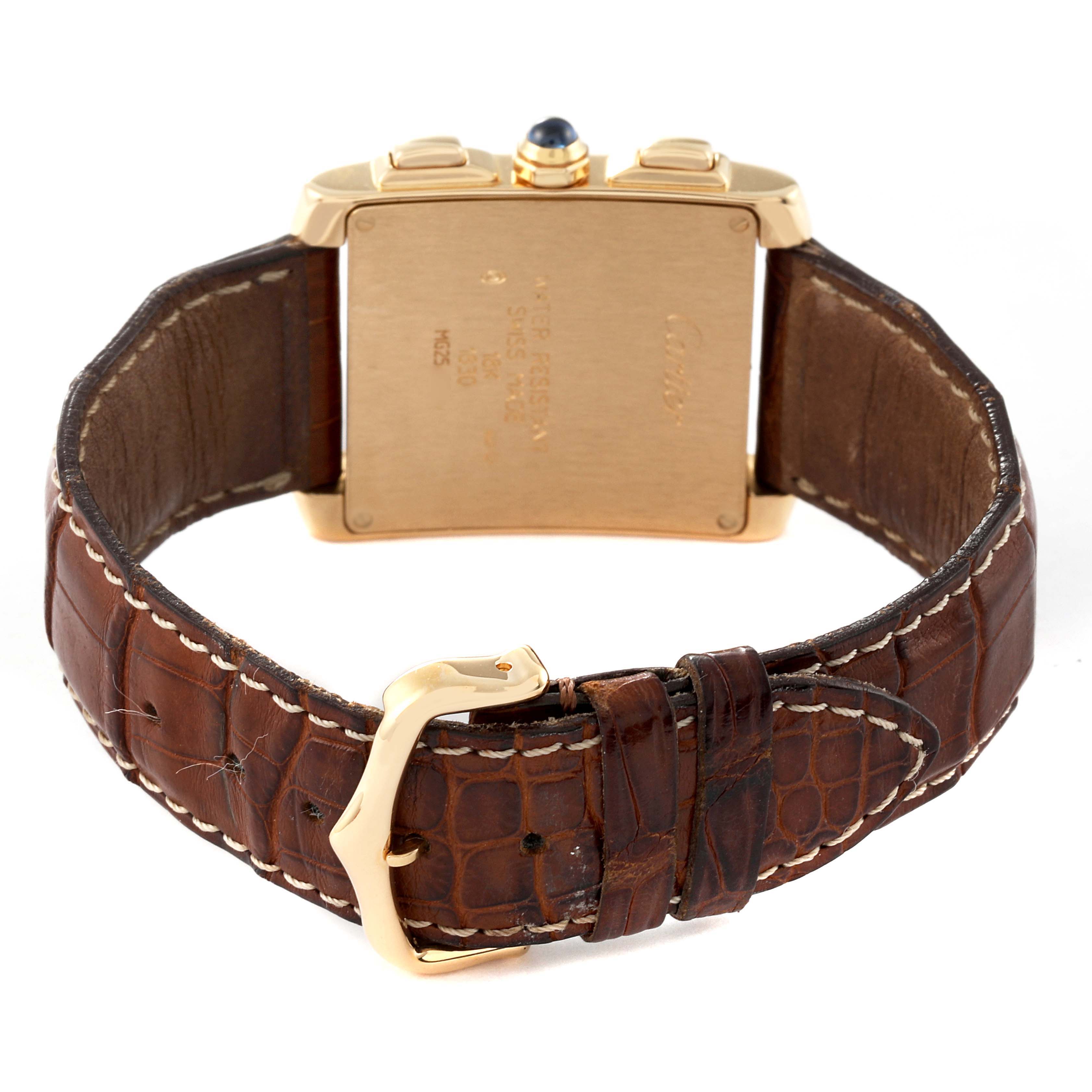 The image shows the back view of a Cartier Tank Francaise W5000556 Men's Yellow Gold Silver Dial W5000556 Men's Yellow Gold Silver Dial watch, highlighting the case, strap, and buckle.