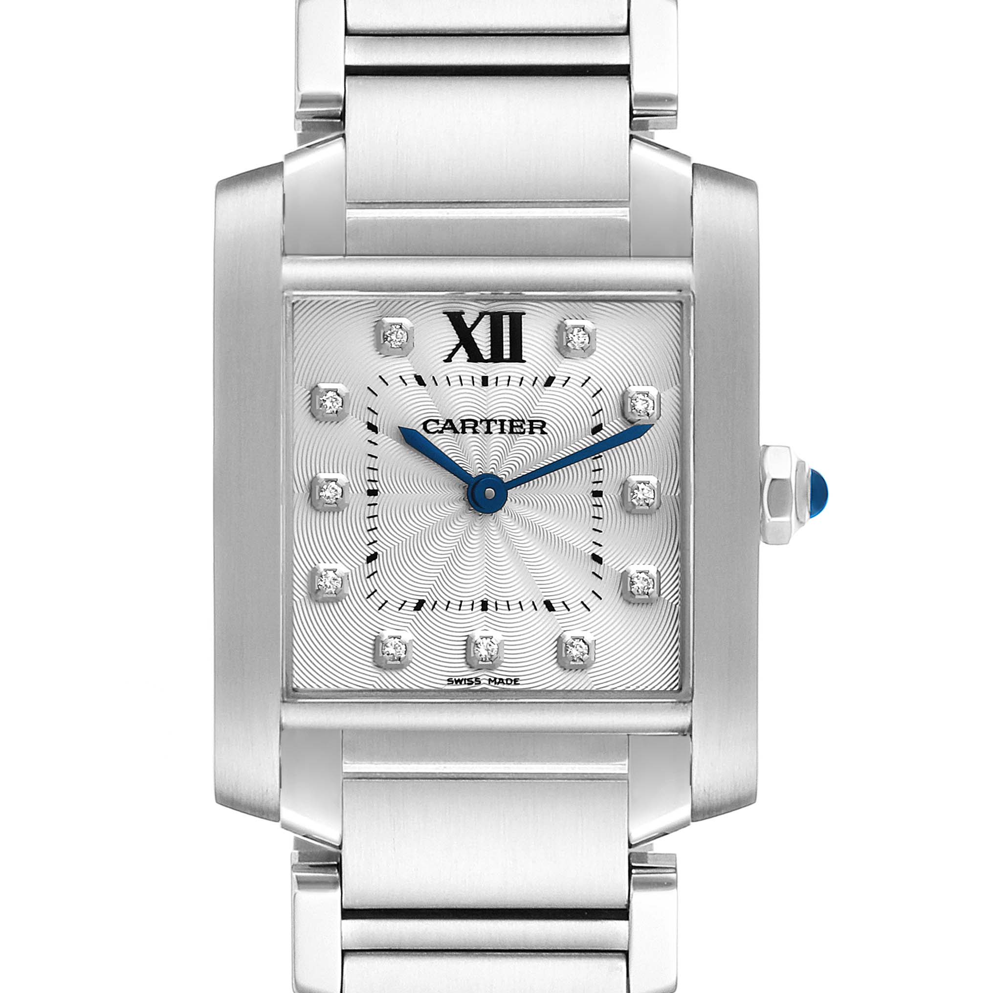 This image shows a front view of the Cartier Tank Francaise WE110007 Women's Stainless Steel Silver Dial WE110007 Women's Stainless Steel Silver Dial watch, highlighting its face, hour markers, and portion of the bracelet.