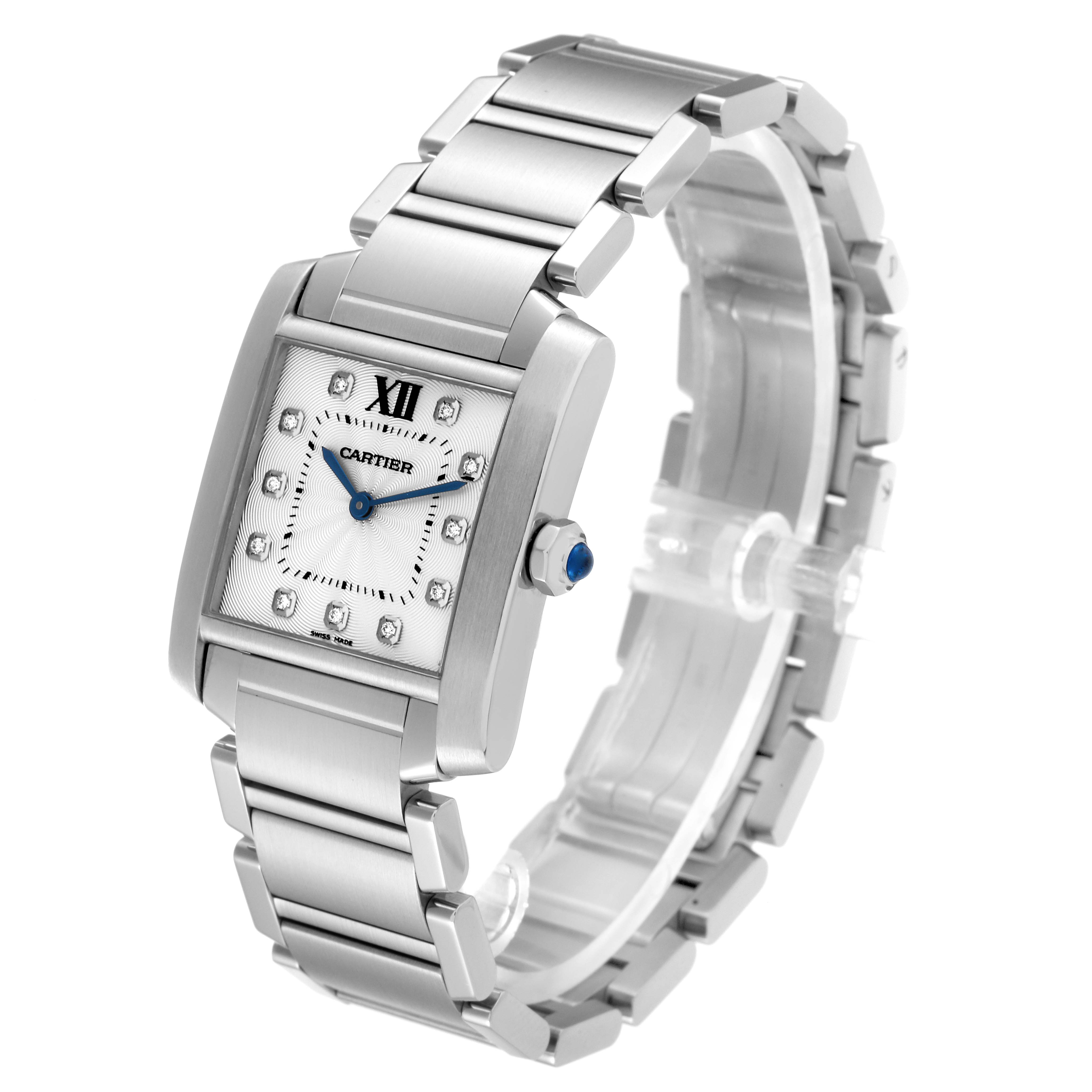 The Cartier Tank Francaise WE110007 Women's Stainless Steel Silver Dial WE110007 Women's Stainless Steel Silver Dial watch is shown at a three-quarter angle, displaying its face, bracelet, and side crown.