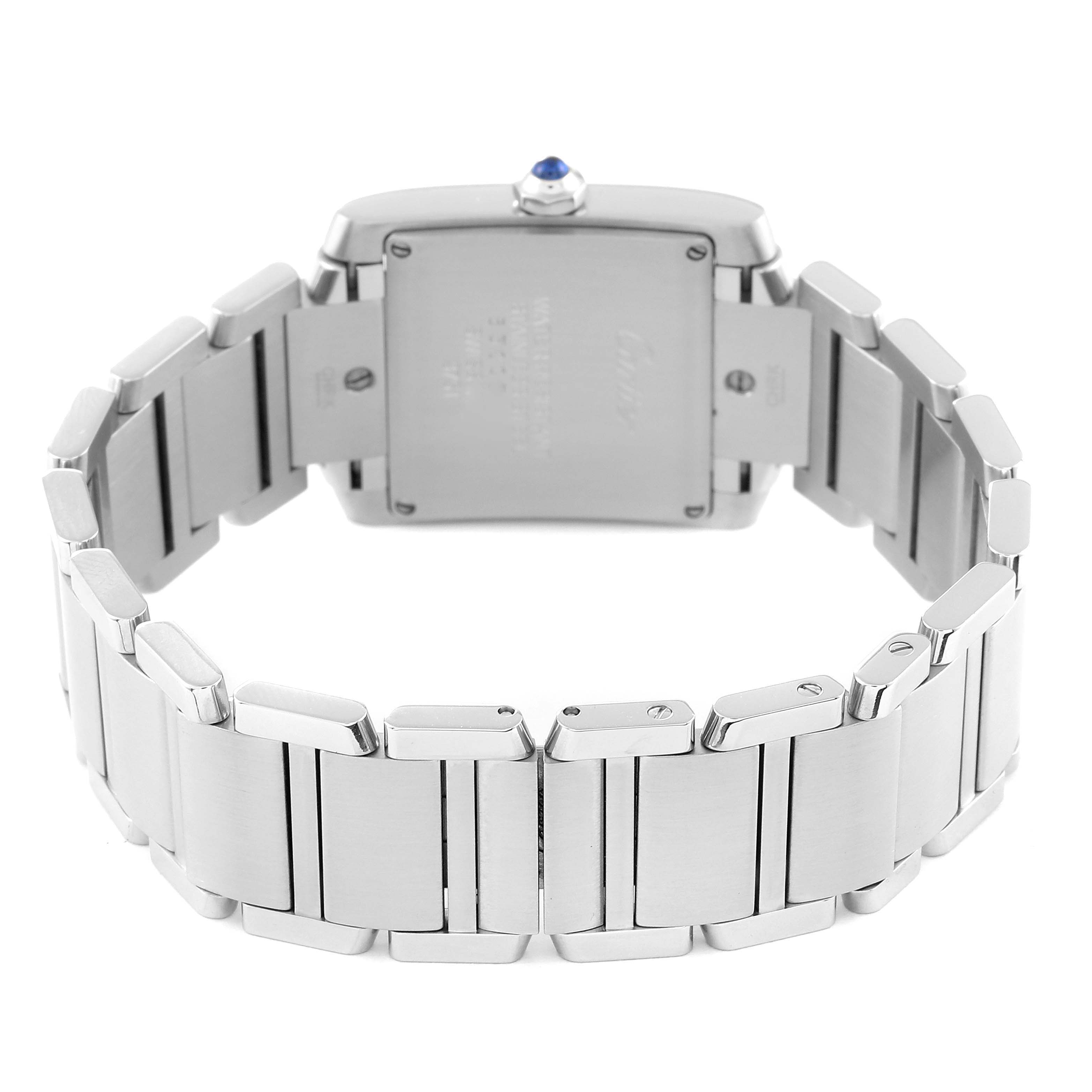 The image shows the back and bracelet of a Cartier Tank Francaise WE110007 Women's Stainless Steel Silver Dial WE110007 Women's Stainless Steel Silver Dial watch, displaying its stainless steel links and case back.