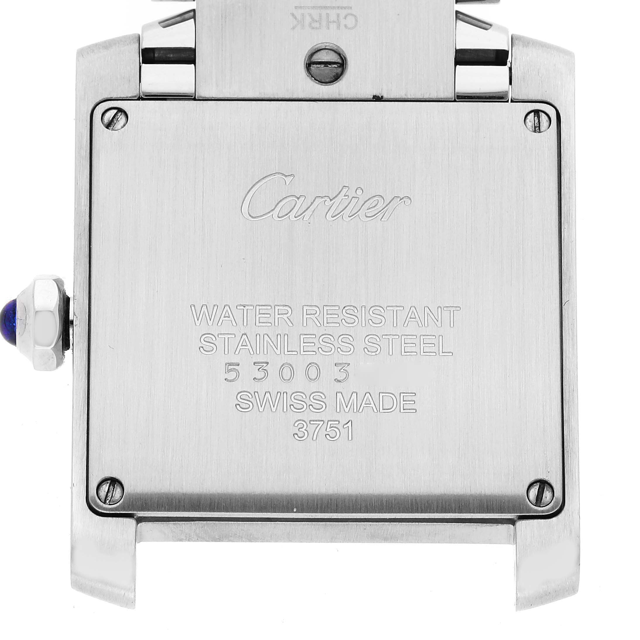 The image shows the back casing of the Cartier Tank Francaise WE110007 Women's Stainless Steel Silver Dial WE110007 Women's Stainless Steel Silver Dial watch, highlighting its water resistance, stainless steel, and Swiss made inscriptions.