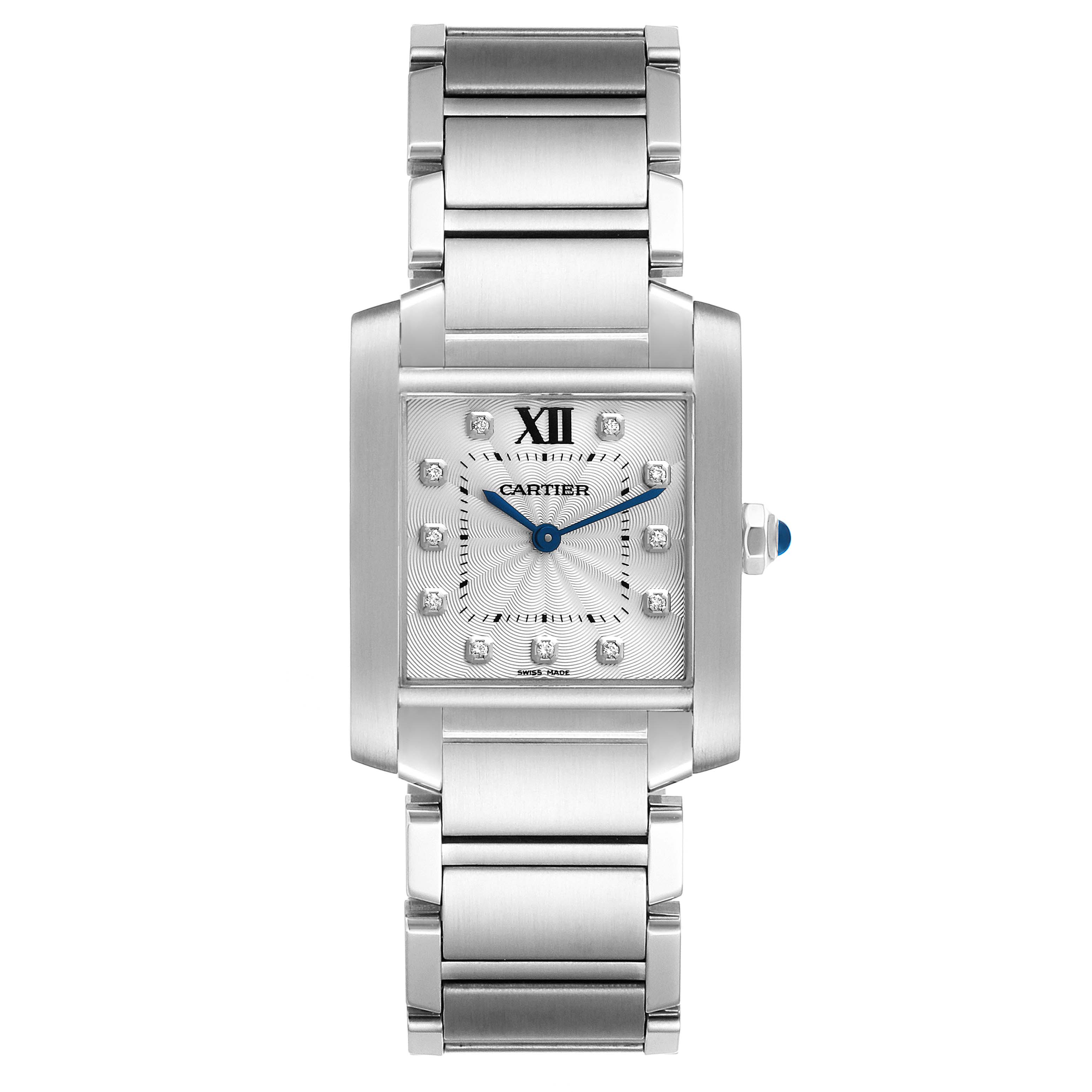 The image shows a frontal view of the Cartier Tank Francaise WE110007 Women's Stainless Steel Silver Dial WE110007 Women's Stainless Steel Silver Dial watch, featuring its rectangular face and metal bracelet.