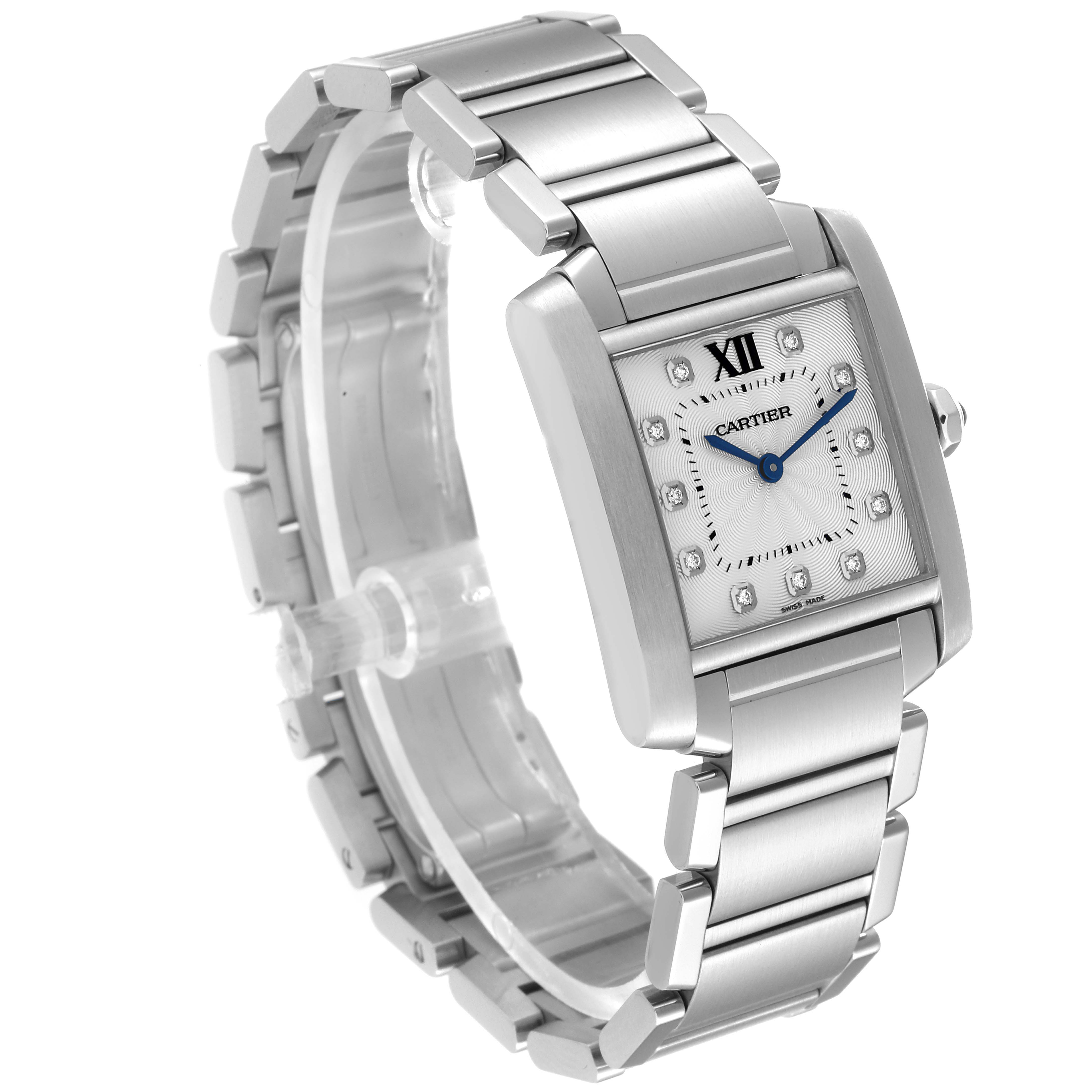 The image shows a Cartier Tank Française watch at a three-quarter angle, highlighting its rectangular face and stainless steel bracelet.