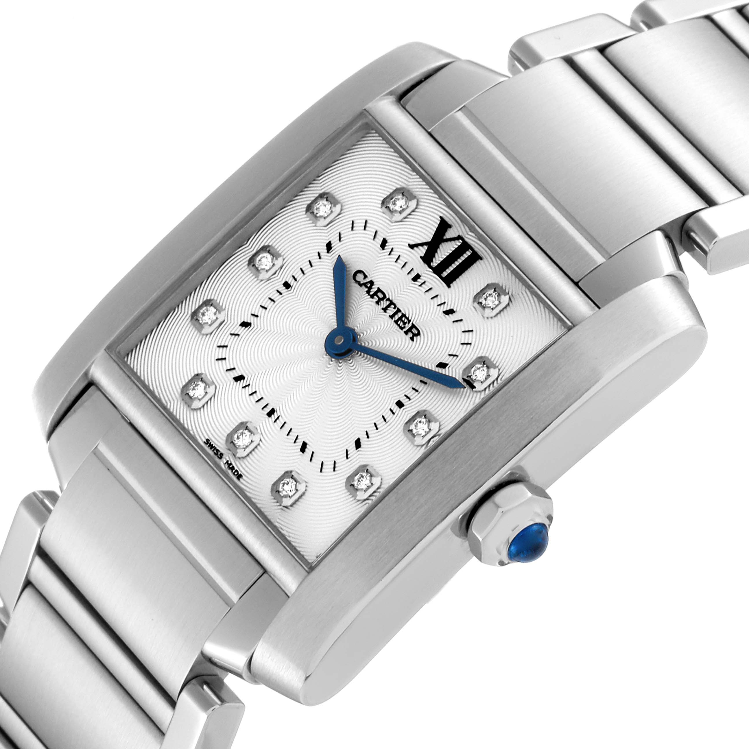 The image shows a close-up angle of the Cartier Tank Francaise WE110007 Women's Stainless Steel Silver Dial WE110007 Women's Stainless Steel Silver Dial watch, highlighting the dial, blue hands, crown, and part of the bracelet.