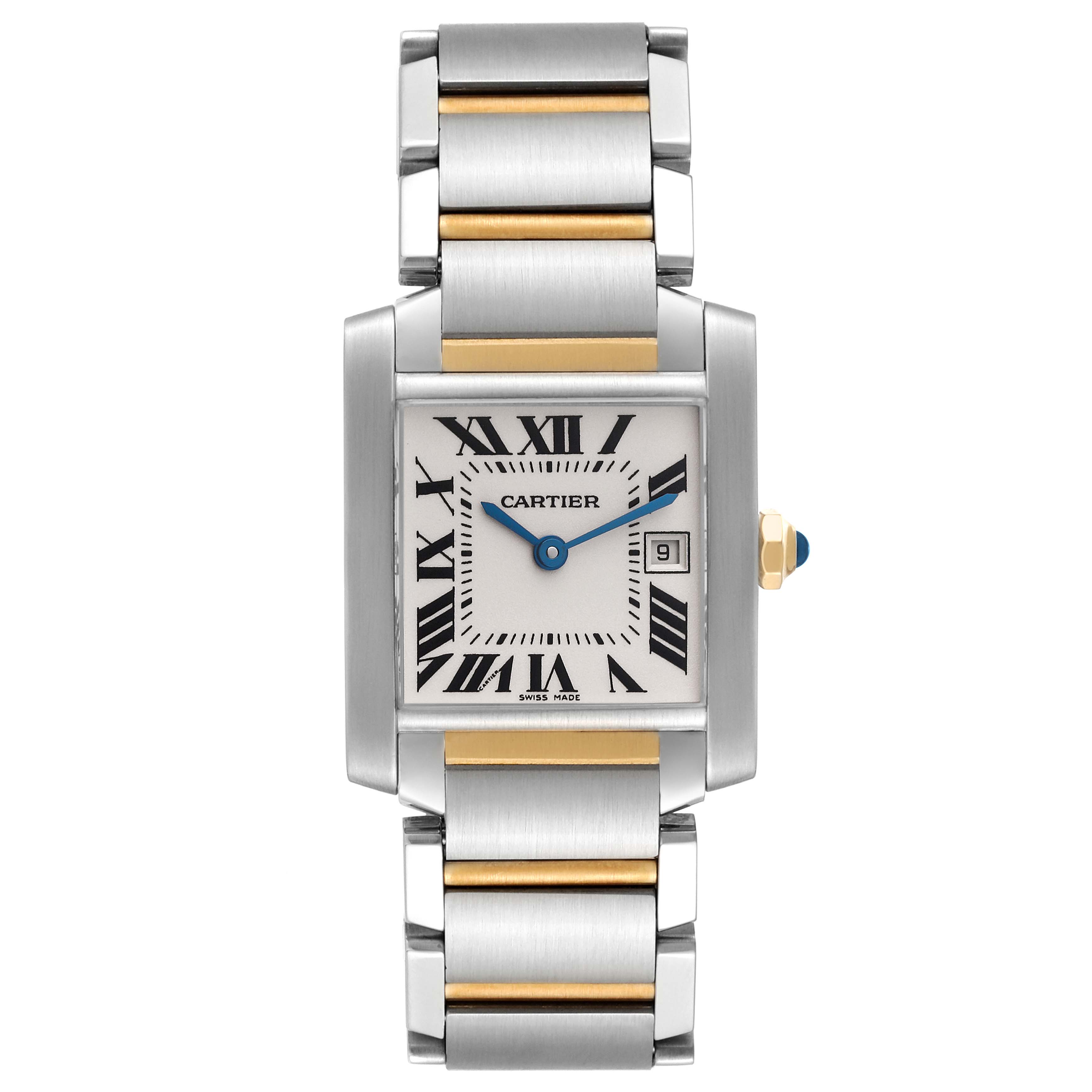 The image shows a direct front view of a Cartier Tank Française watch, highlighting the face, bracelet, and dial.