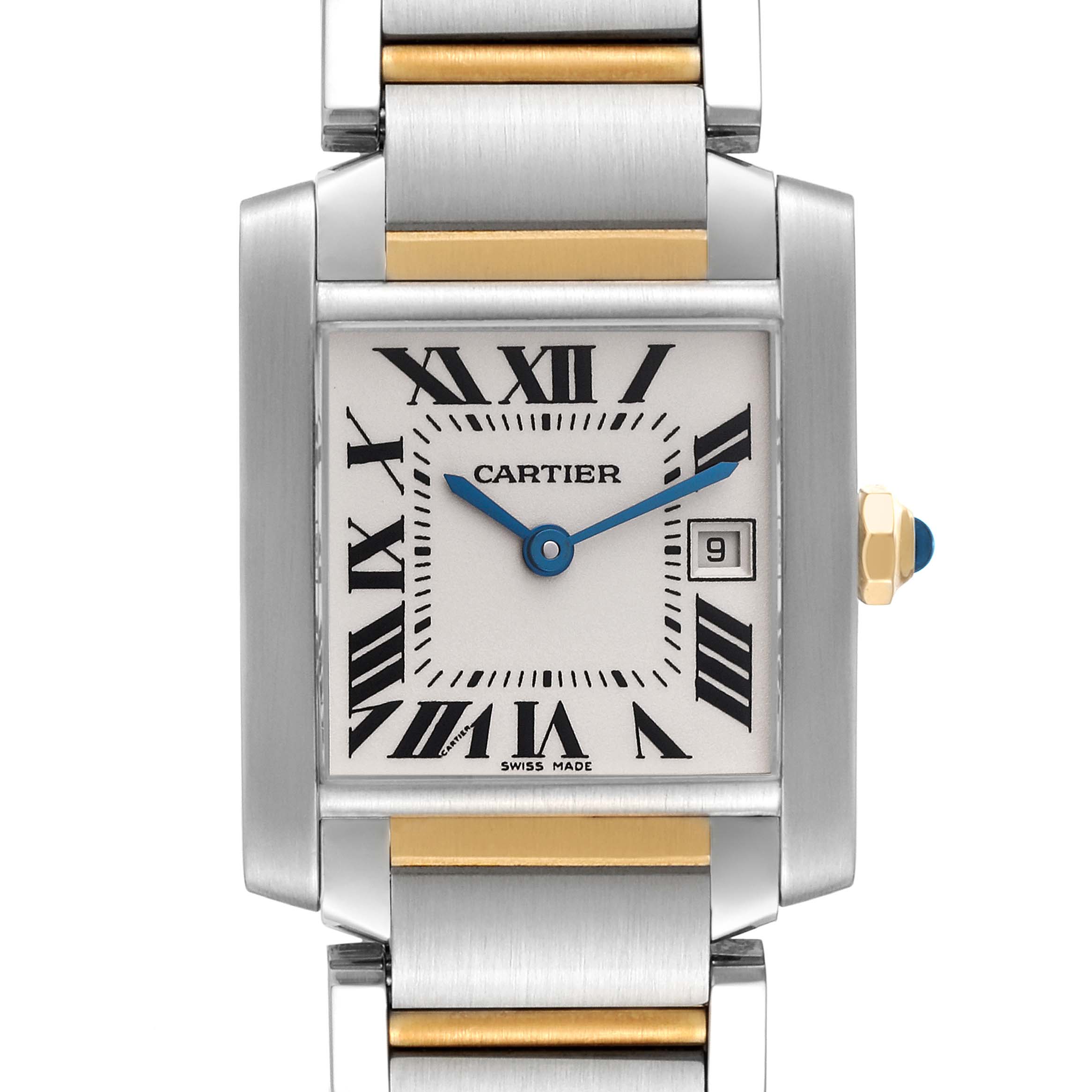 This image shows a front view of a Cartier Tank Francaise W51012Q4 Women
s Steel and Gold (two tone) Silver Dial W51012Q4 Women
s Steel and Gold (two tone) Silver Dial watch, highlighting its face, Roman numerals, hands, bracelet, and date window.