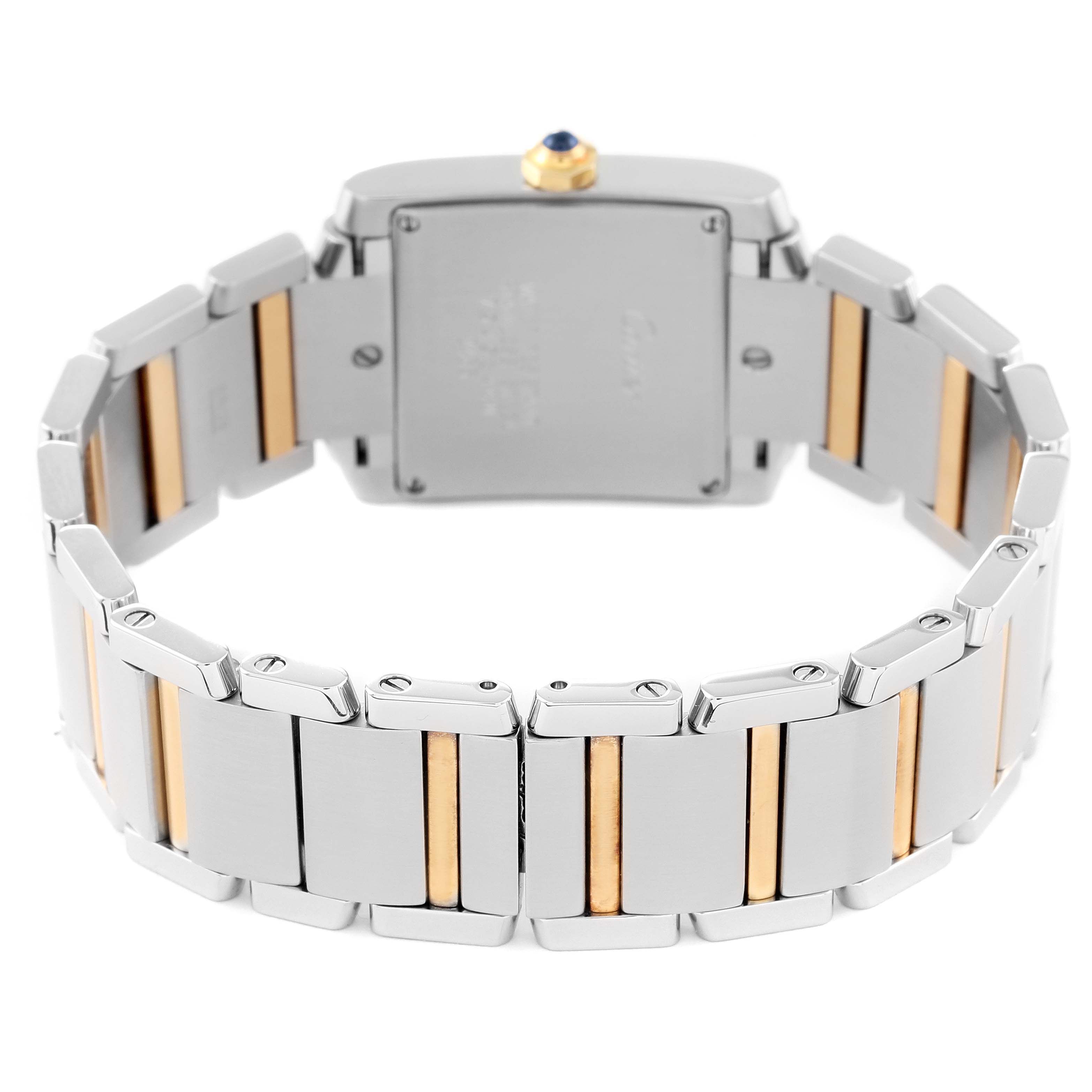 The image shows the back view of a Cartier Tank Francaise W51012Q4 Women
s Steel and Gold (two tone) Silver Dial W51012Q4 Women
s Steel and Gold (two tone) Silver Dial watch, highlighting its dual-tone bracelet and clasp.