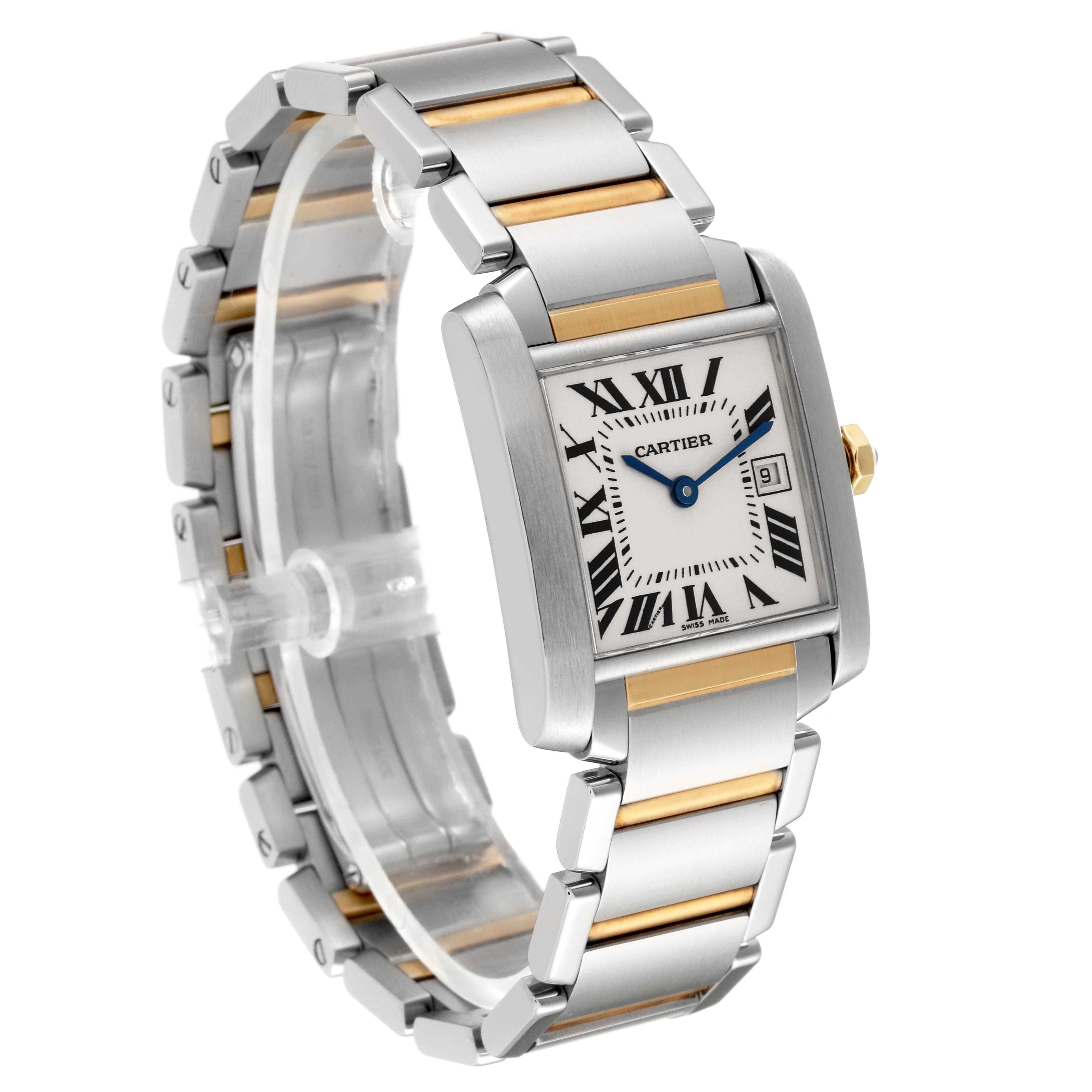 The Cartier Tank Francaise W51012Q4 Women
s Steel and Gold (two tone) Silver Dial W51012Q4 Women
s Steel and Gold (two tone) Silver Dial watch is shown at a three-quarter angle, highlighting its two-tone bracelet and rectangular dial.