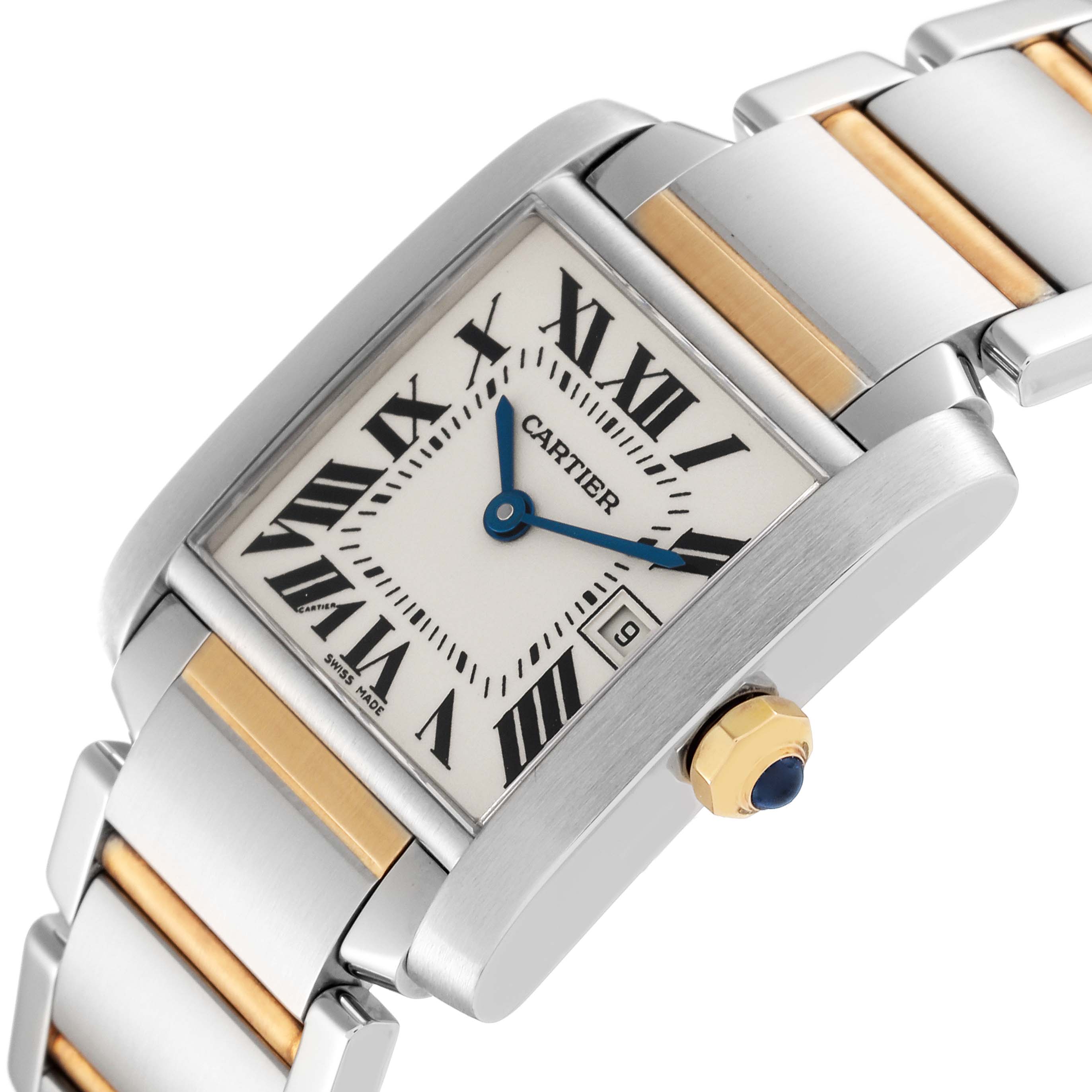 The Cartier Tank Francaise W51012Q4 Women
s Steel and Gold (two tone) Silver Dial W51012Q4 Women
s Steel and Gold (two tone) Silver Dial watch is shown from a slightly angled top view, highlighting the face, crown, and bracelet.