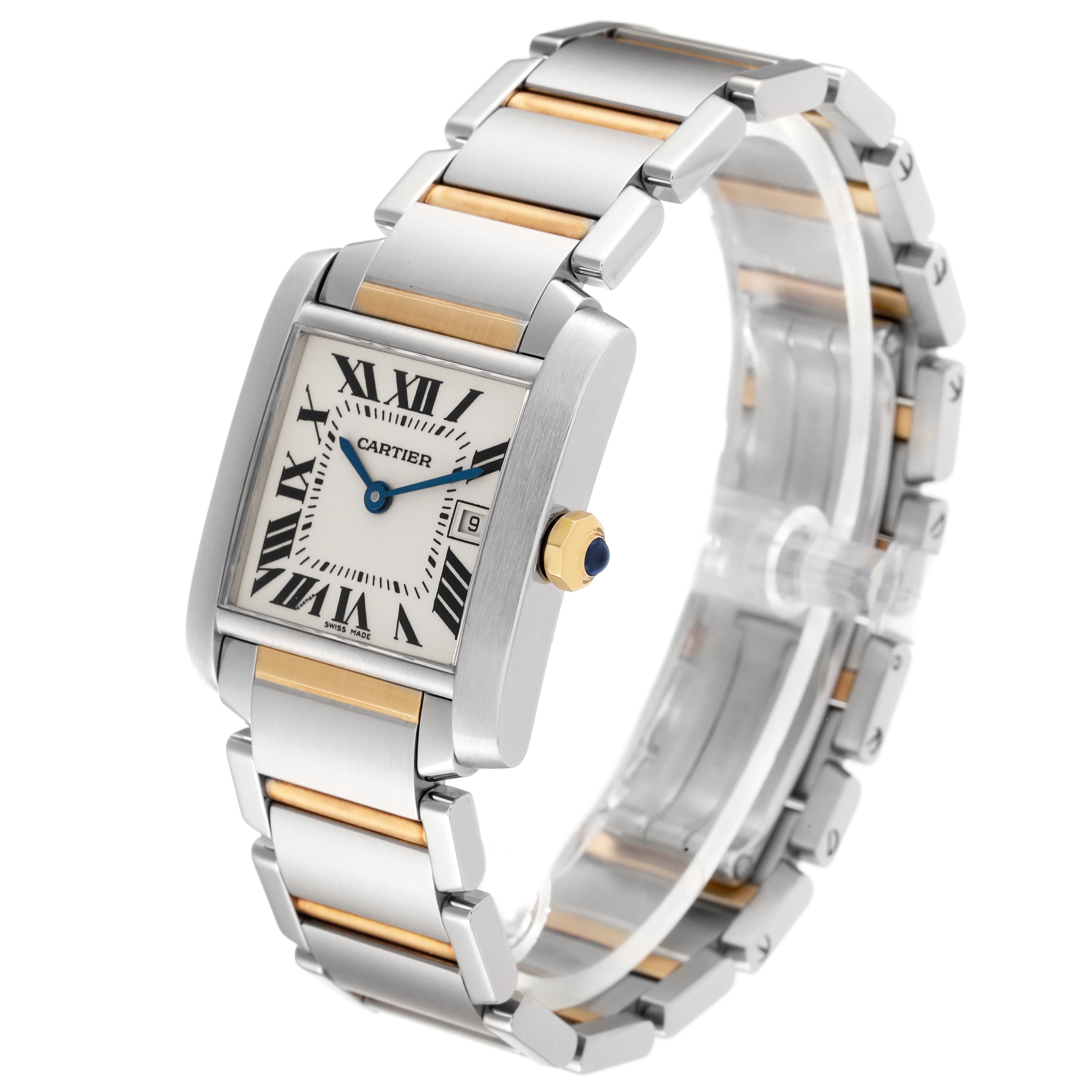 The image shows a Cartier Tank Française watch from a front angle, displaying its rectangular dial, metal bracelet, and crown.