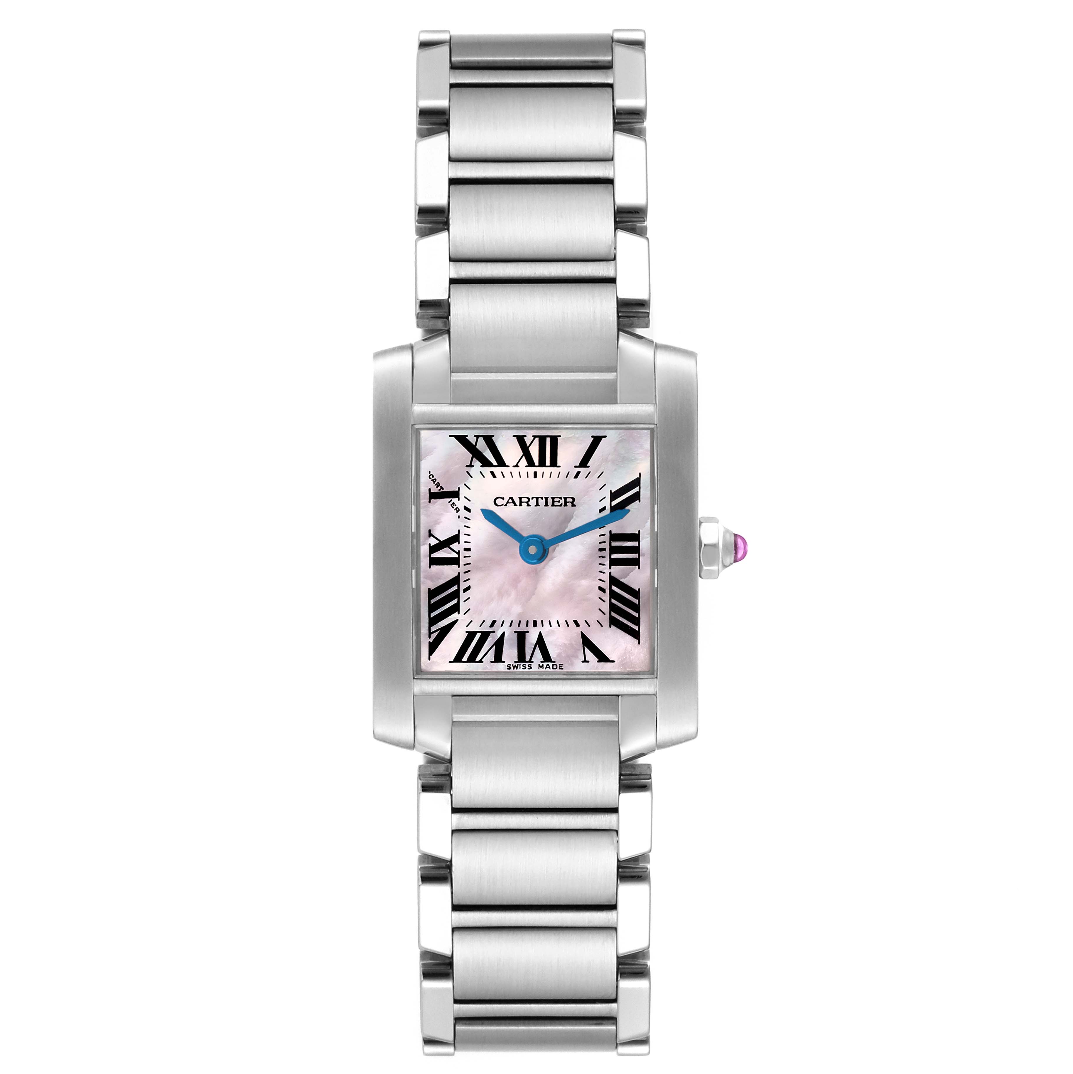 The image shows a front view of the Cartier Tank Francaise W51028Q3 Women's Stainless Steel Mother of Pearl Dial W51028Q3 Women's Stainless Steel Mother of Pearl Dial watch, highlighting its square case, bracelet, and dial.