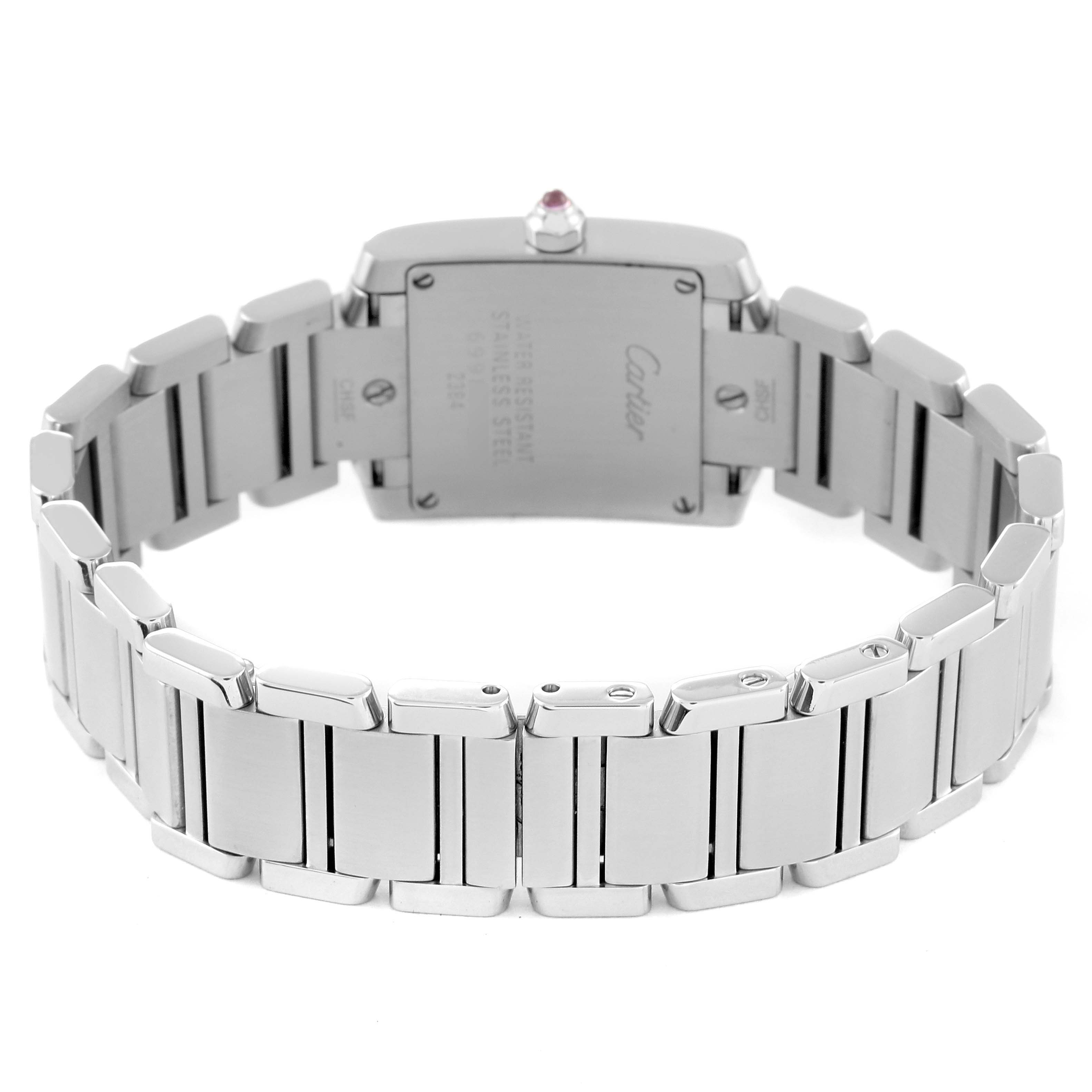 This image shows the back view of the Cartier Tank Francaise W51028Q3 Women's Stainless Steel Mother of Pearl Dial W51028Q3 Women's Stainless Steel Mother of Pearl Dial watch, focusing on its stainless steel bracelet and case back.