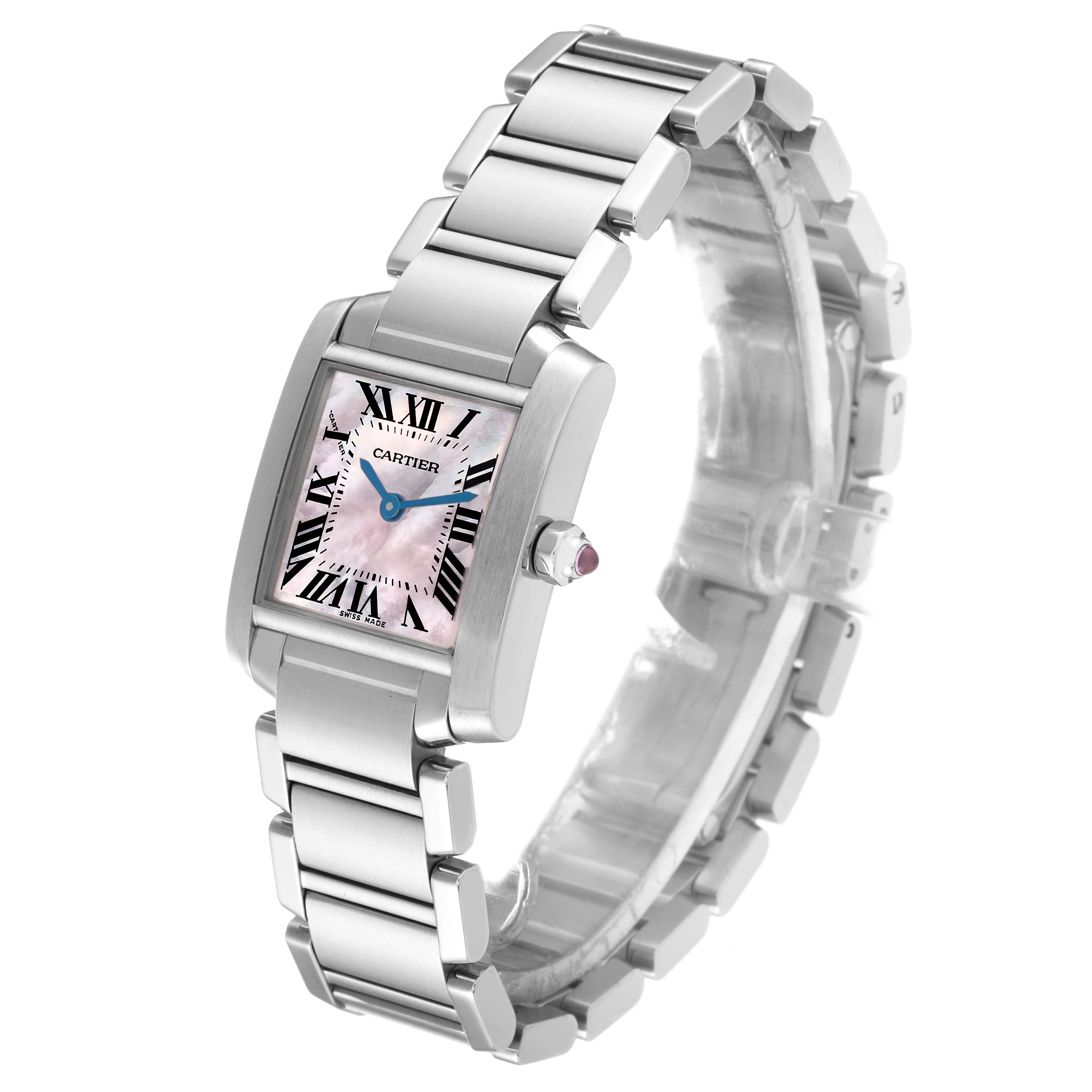 The Cartier Tank Francaise W51028Q3 Women's Stainless Steel Mother of Pearl Dial W51028Q3 Women's Stainless Steel Mother of Pearl Dial watch is shown at a three-quarter angle, highlighting the dial, crown, and bracelet.