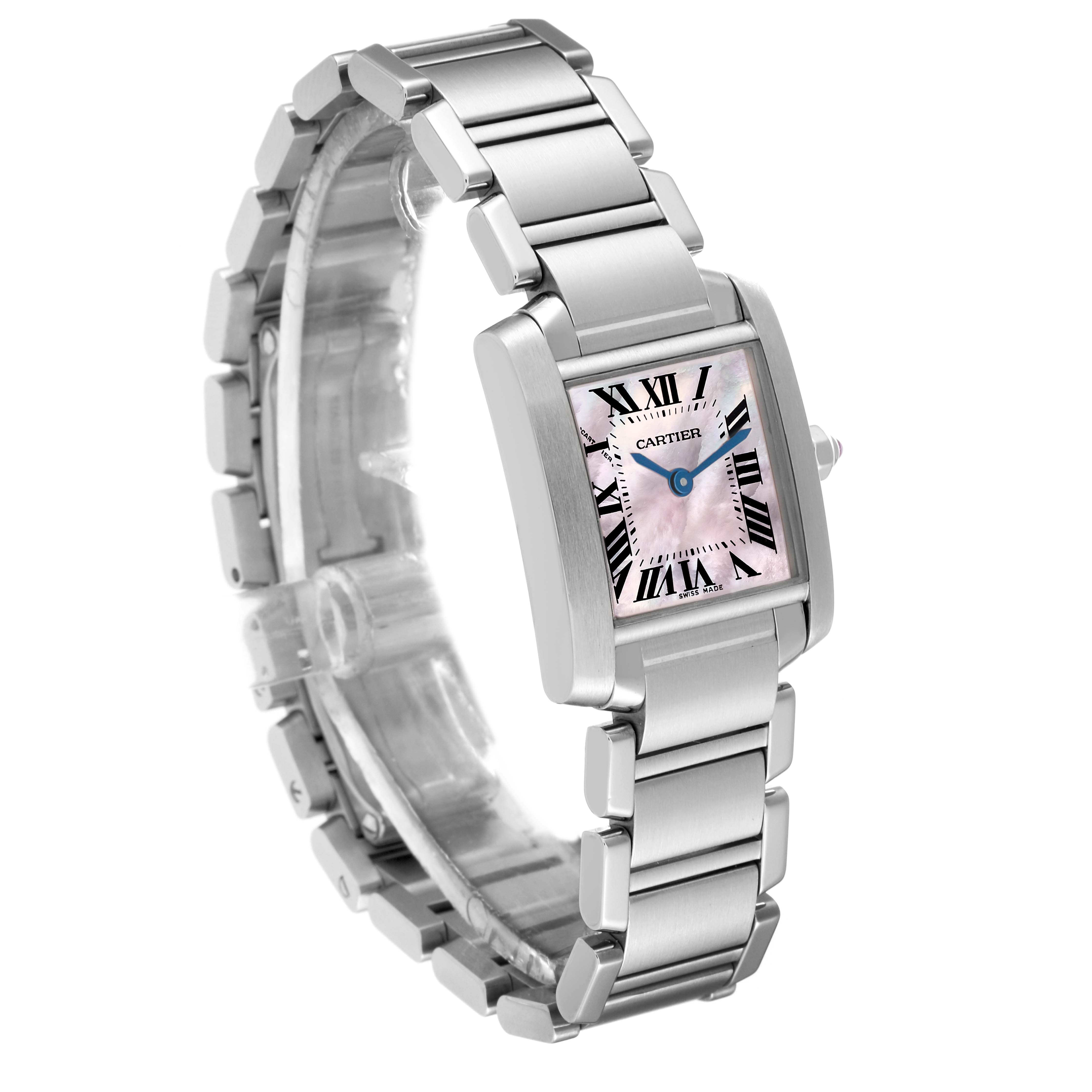 The Cartier Tank Francaise W51028Q3 Women's Stainless Steel Mother of Pearl Dial W51028Q3 Women's Stainless Steel Mother of Pearl Dial watch is shown at a three-quarter angle, displaying its rectangular face and metal bracelet.