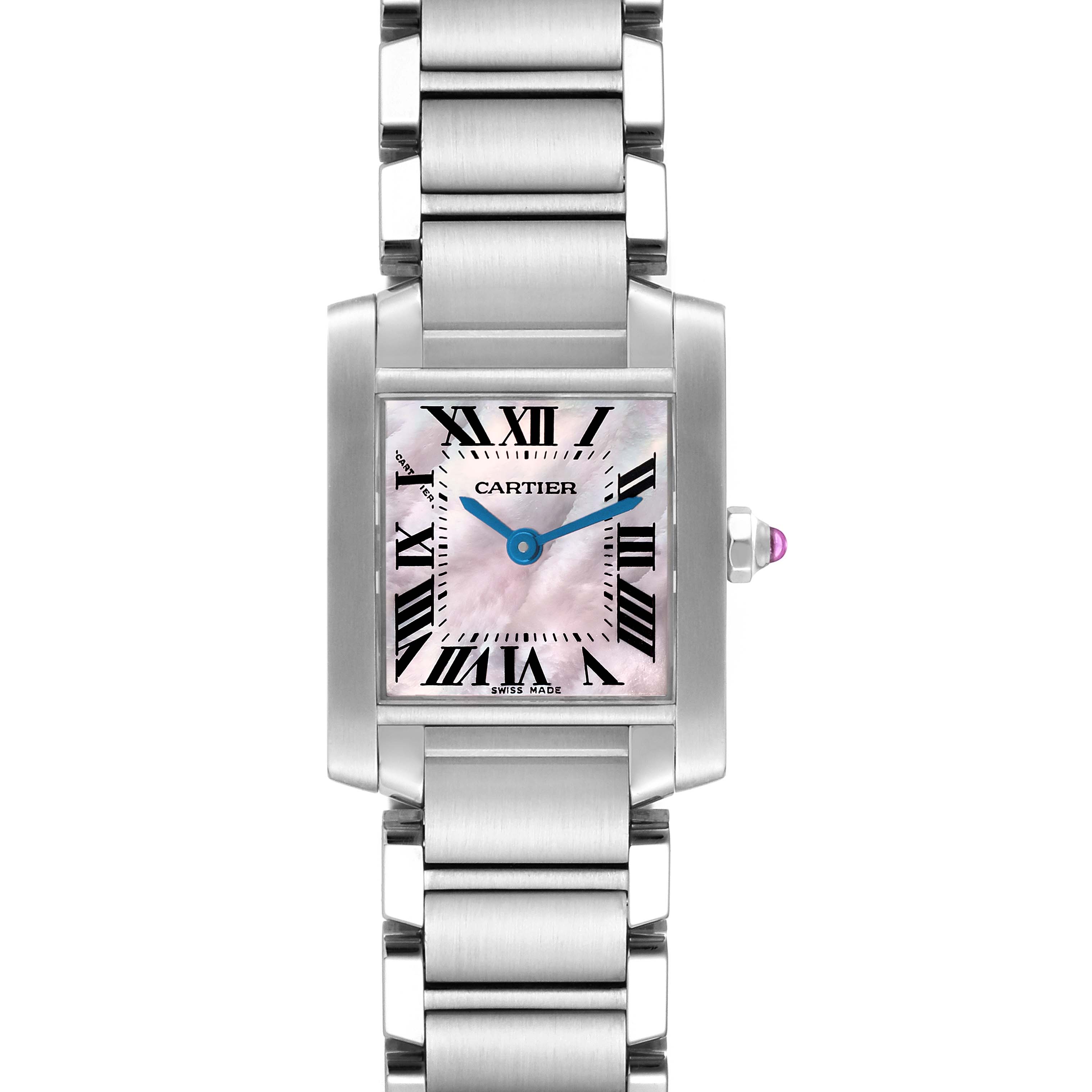 The image shows a head-on view of the Cartier Tank Francaise W51028Q3 Women's Stainless Steel Mother of Pearl Dial W51028Q3 Women's Stainless Steel Mother of Pearl Dial watch, highlighting the face, bracelet, and crown.