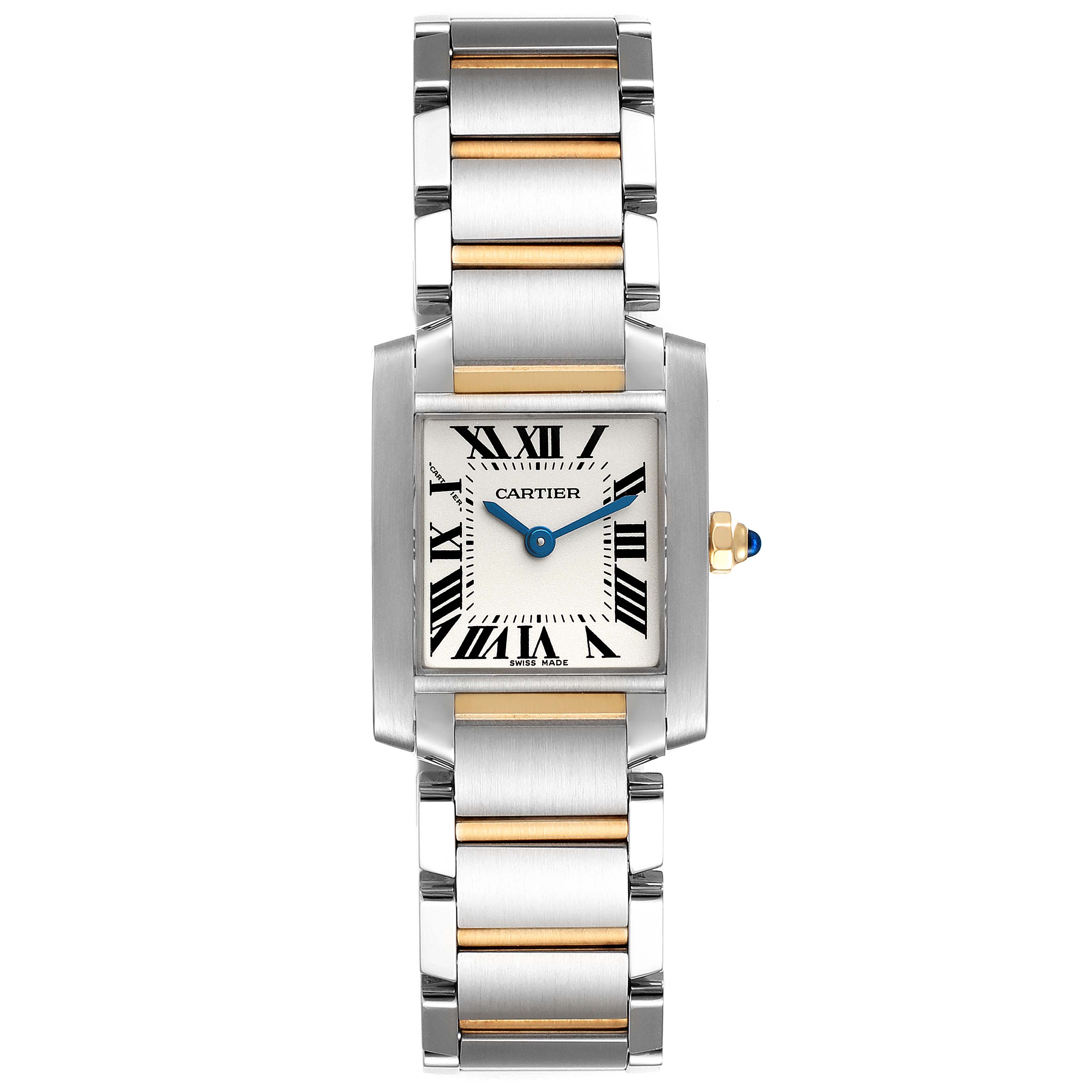 The image shows a frontal view of the Cartier Tank Francaise W51007Q4 Women's Steel and Gold (two tone) Silver Dial W51007Q4 Women's Steel and Gold (two tone) Silver Dial watch, highlighting the face, bezel, and bracelet.