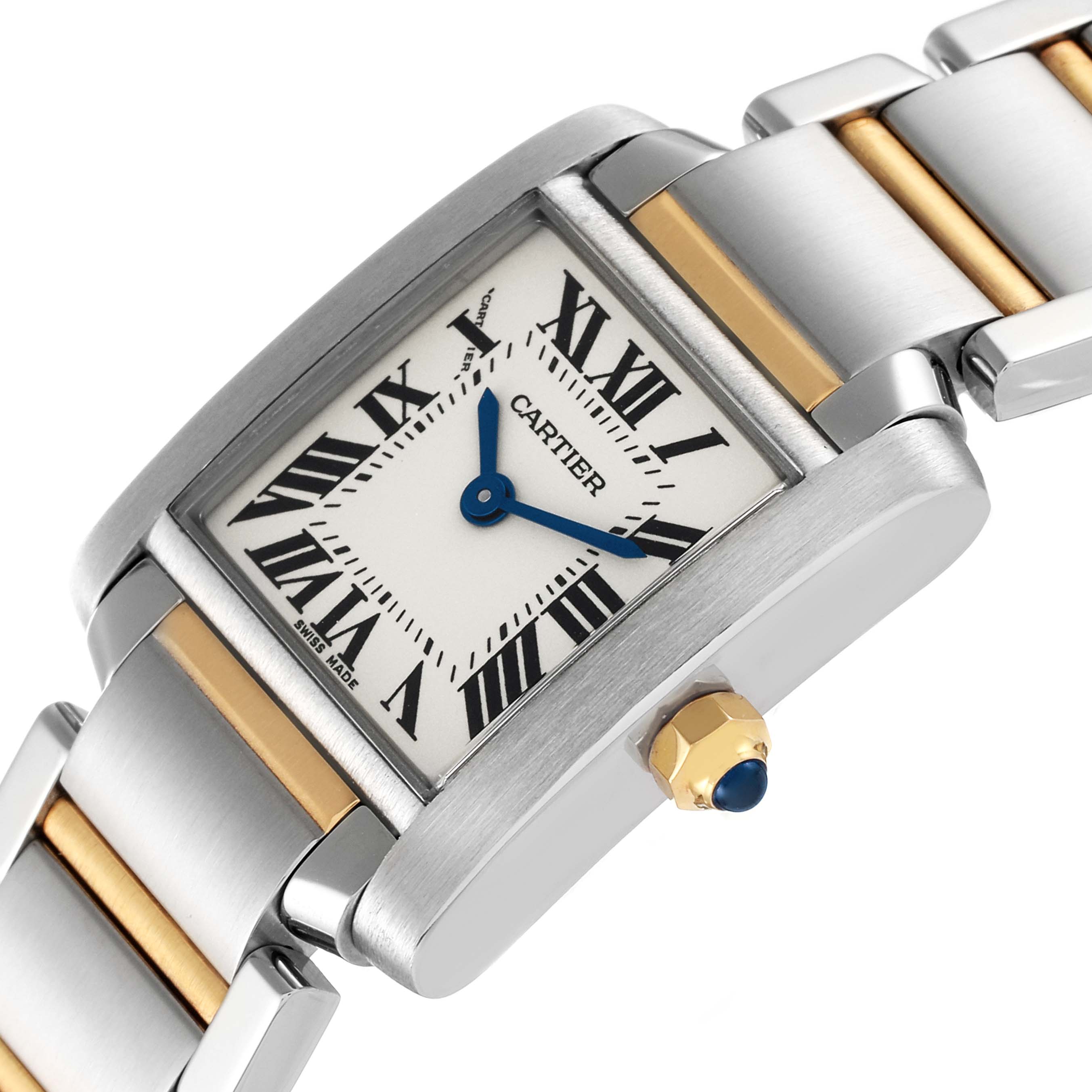 The image shows a close-up angle of the Cartier Tank Francaise W51007Q4 Women's Steel and Gold (two tone) Silver Dial W51007Q4 Women's Steel and Gold (two tone) Silver Dial watch, highlighting the face, crown, and part of the bracelet.