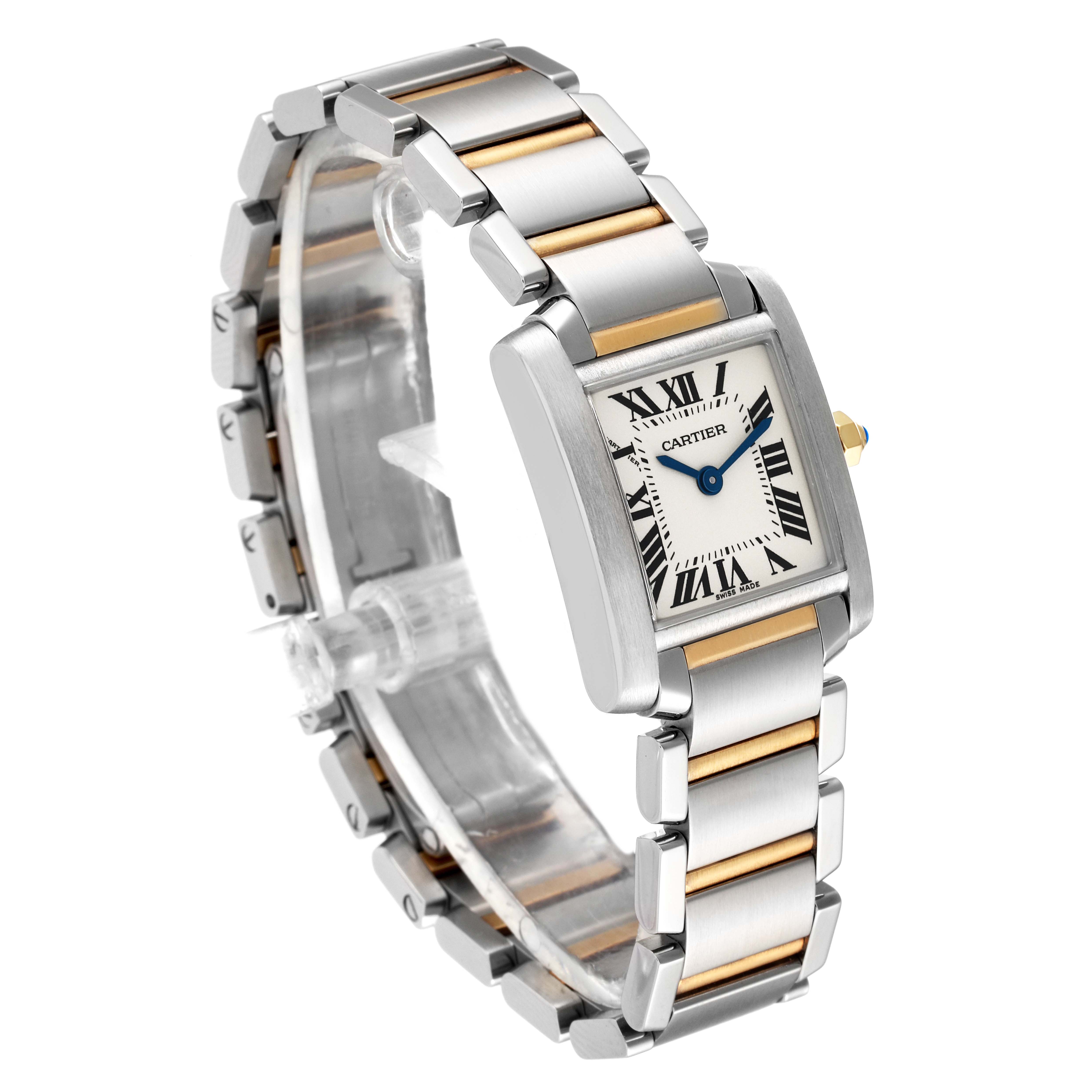 This image shows a Cartier Tank Francaise W51007Q4 Women's Steel and Gold (two tone) Silver Dial W51007Q4 Women's Steel and Gold (two tone) Silver Dial watch at an angle that highlights its two-tone bracelet and rectangular face with Roman numerals.