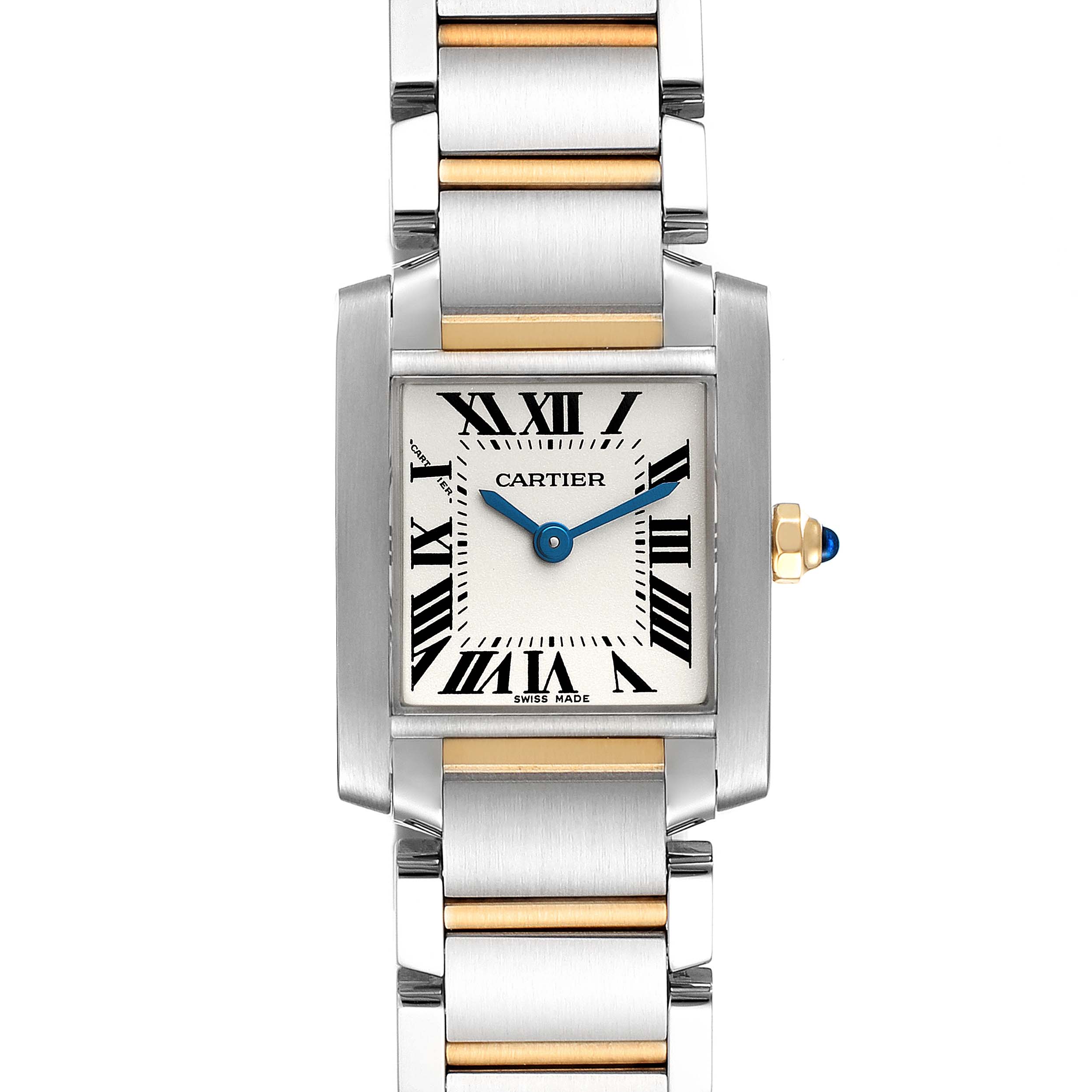 This image shows a front view of the Cartier Tank Francaise W51007Q4 Women's Steel and Gold (two tone) Silver Dial W51007Q4 Women's Steel and Gold (two tone) Silver Dial watch, highlighting the face, Roman numerals, and metal bracelet.