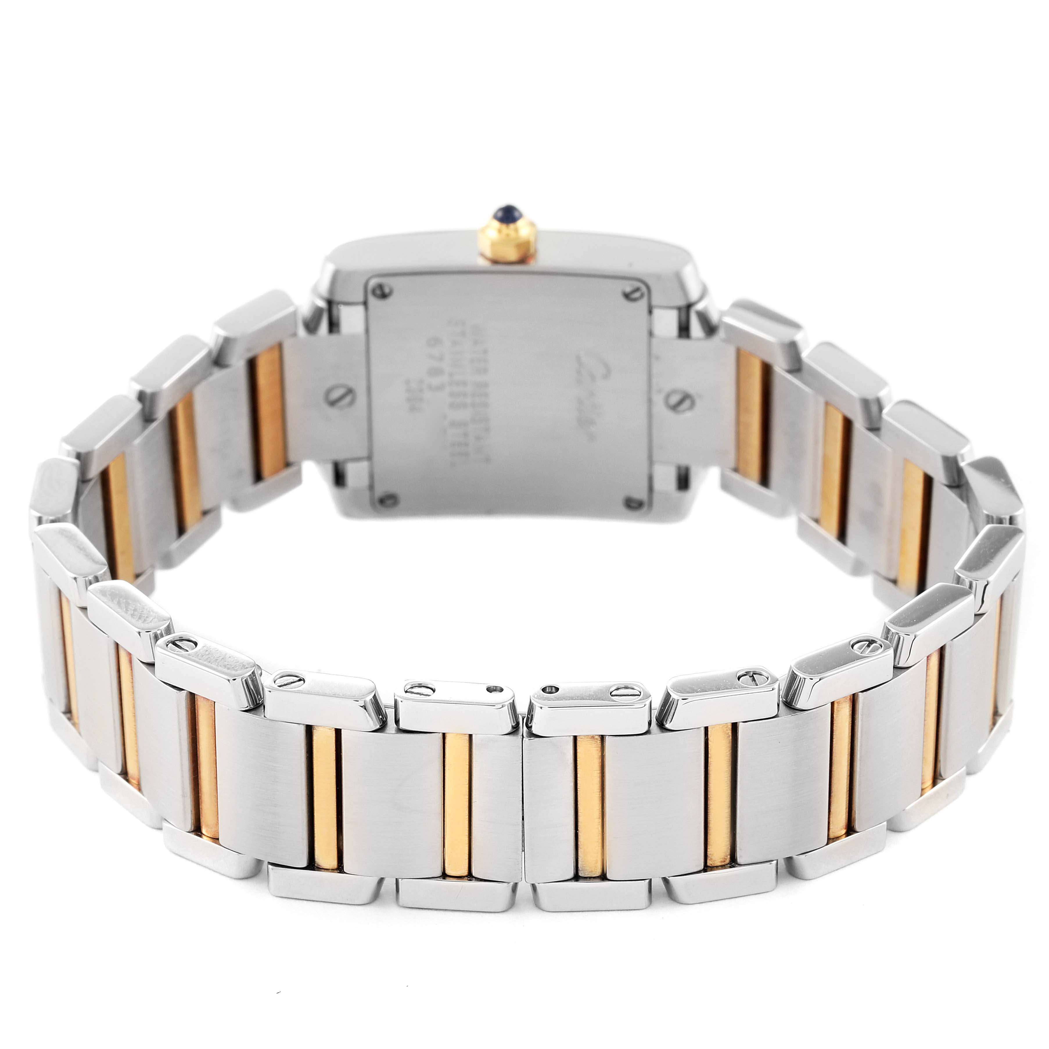 The image shows the back of a Cartier Tank Francaise W51007Q4 Women's Steel and Gold (two tone) Silver Dial W51007Q4 Women's Steel and Gold (two tone) Silver Dial watch, highlighting its two-tone metal bracelet and case back.