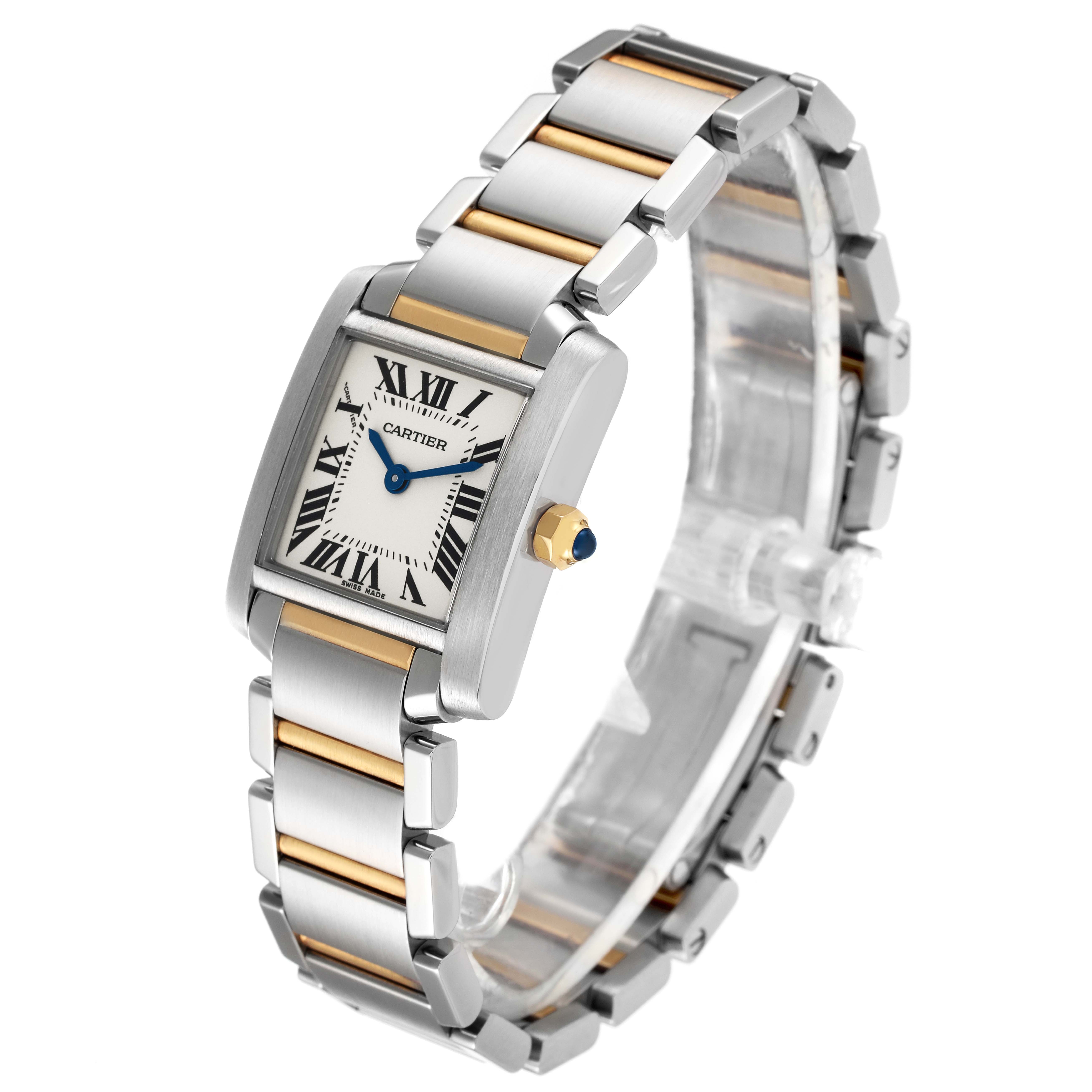 The Tank Francaise watch by Cartier is shown at a three-quarter angle, highlighting its face, bezel, and two-tone bracelet.