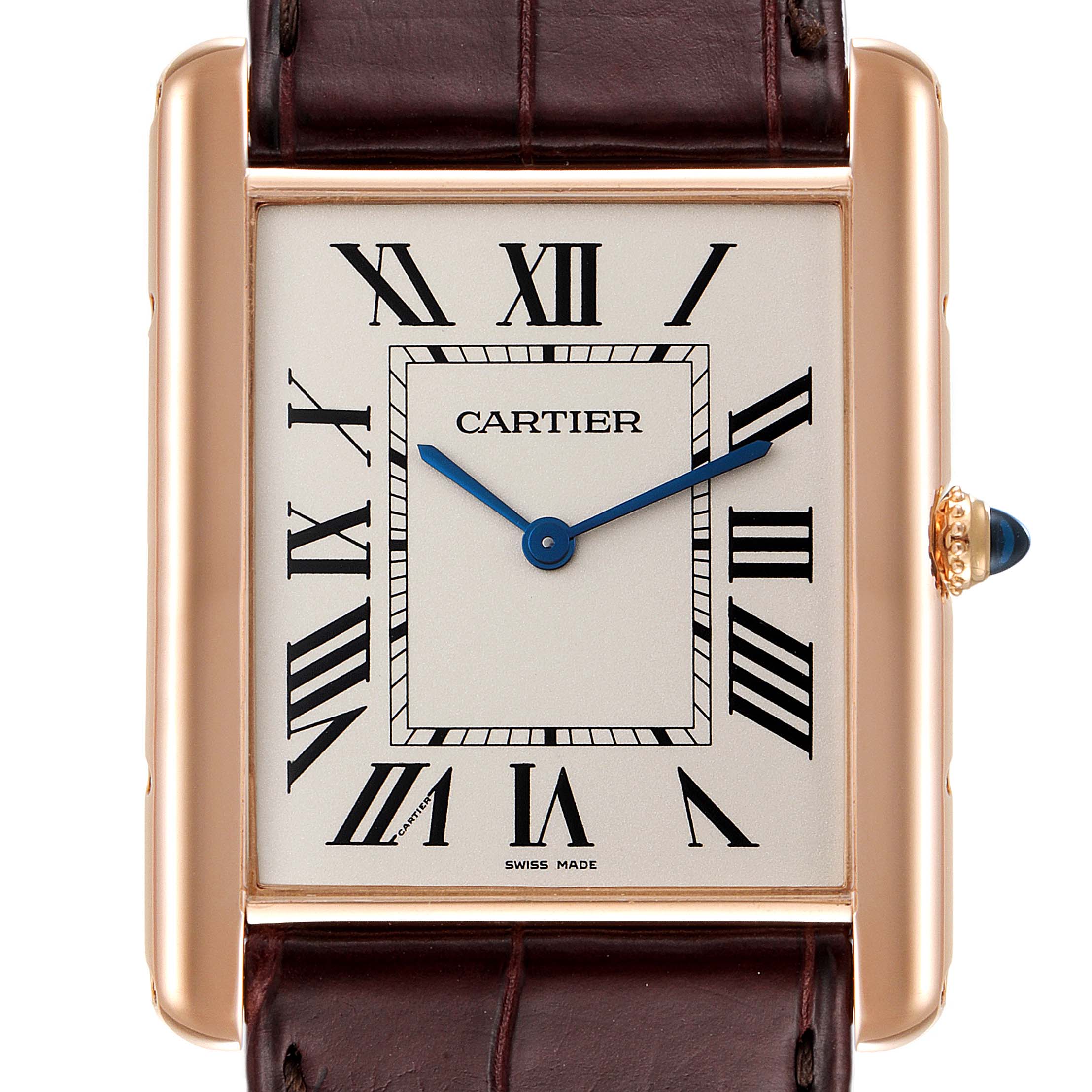 This image shows a frontal view of the Cartier Tank Louis W1560017 Men's Rose Gold Silver Dial W1560017 Men's Rose Gold Silver Dial watch, highlighting its Roman numeral dial, blue hands, and brown leather strap.