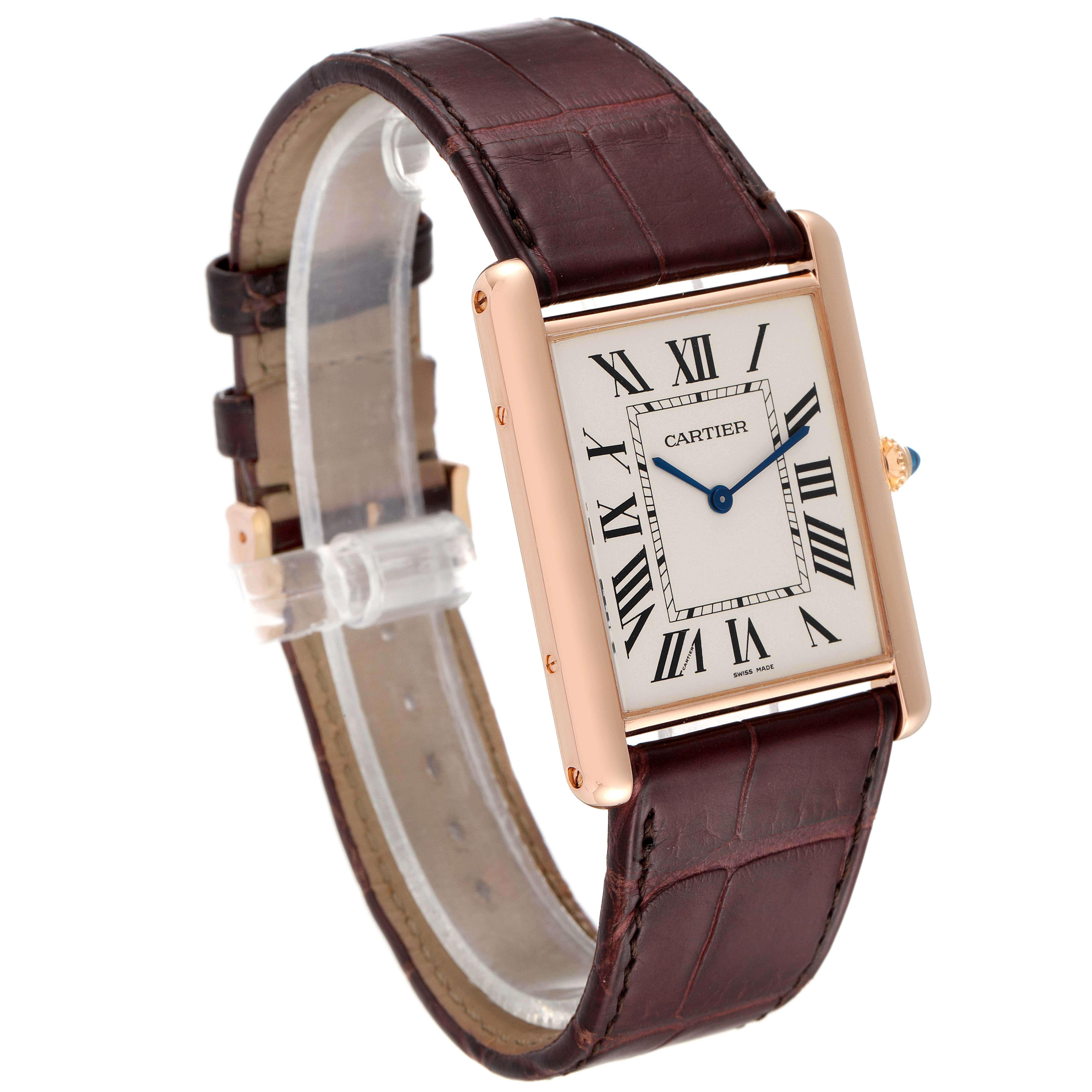 The image shows a Cartier Tank Louis W1560017 Men's Rose Gold Silver Dial W1560017 Men's Rose Gold Silver Dial watch from a front-left angle, highlighting the rectangular face and leather strap.