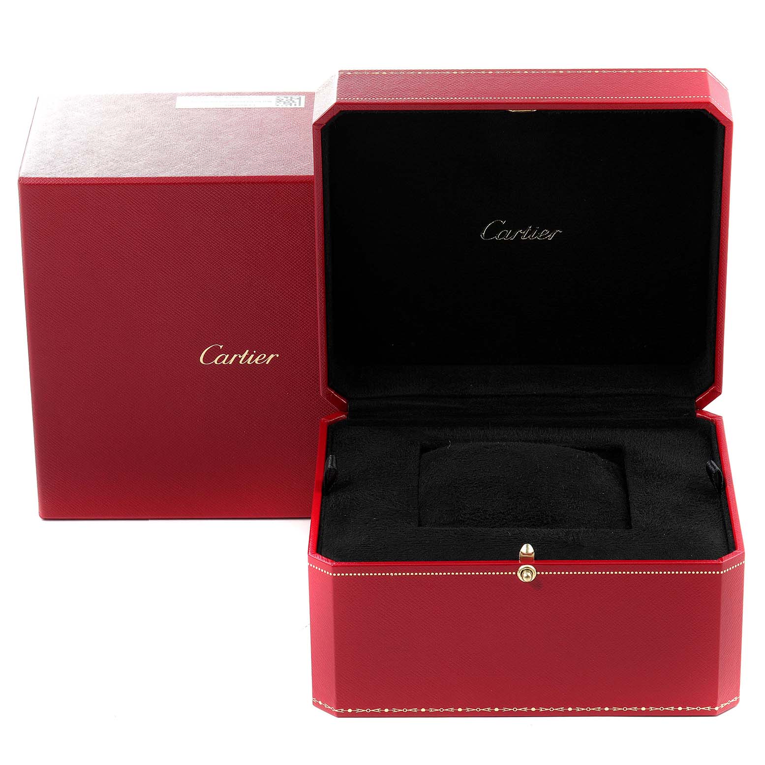 The image shows an open red Cartier box for the Tank Louis model watch, with a black interior.