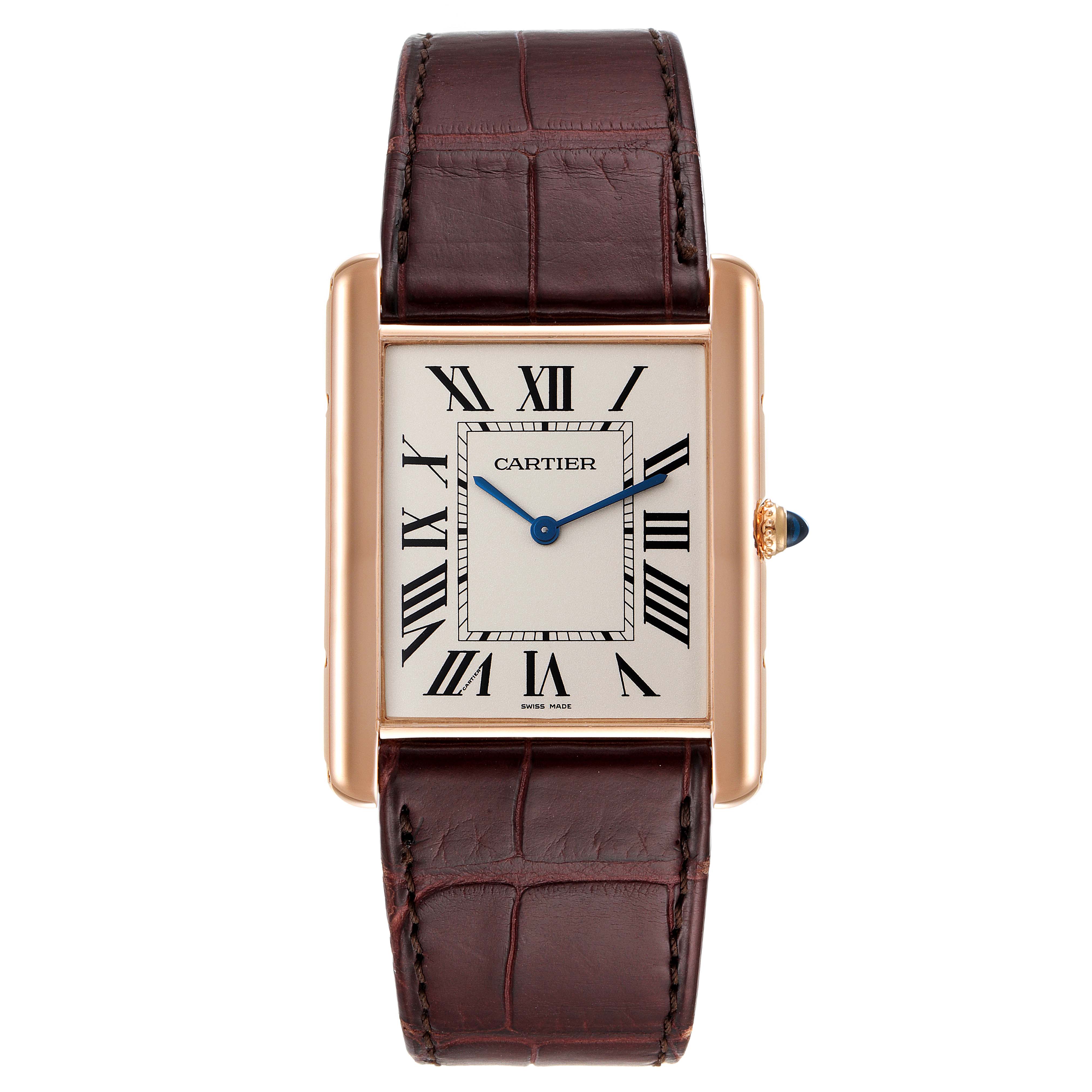 The Tank Louis model by Cartier is shown from a front angle, highlighting the dial, case, and leather strap.