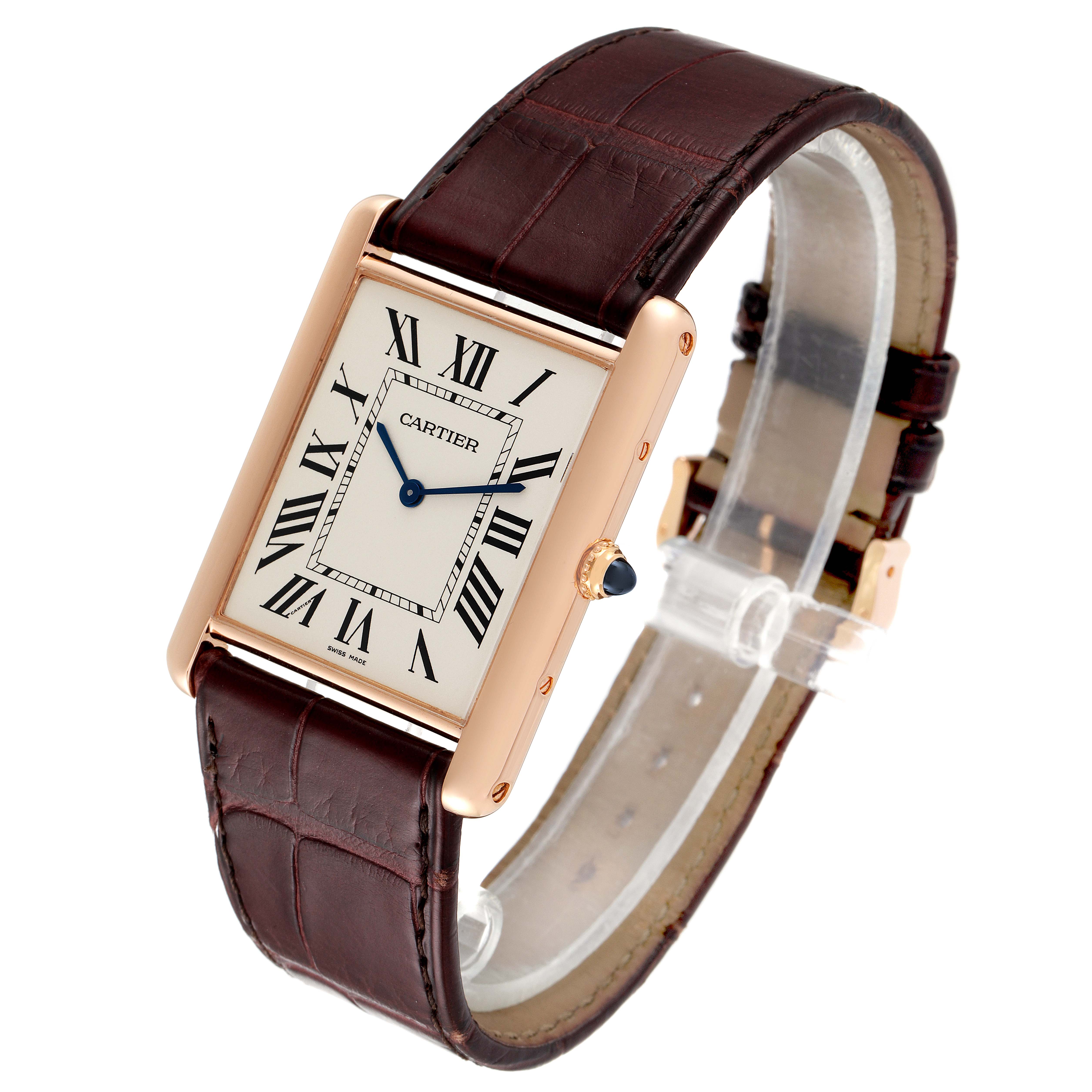 This image shows a Cartier Tank Louis W1560017 Men's Rose Gold Silver Dial W1560017 Men's Rose Gold Silver Dial watch at a slight angle, highlighting its rectangular dial, roman numerals, and leather strap.