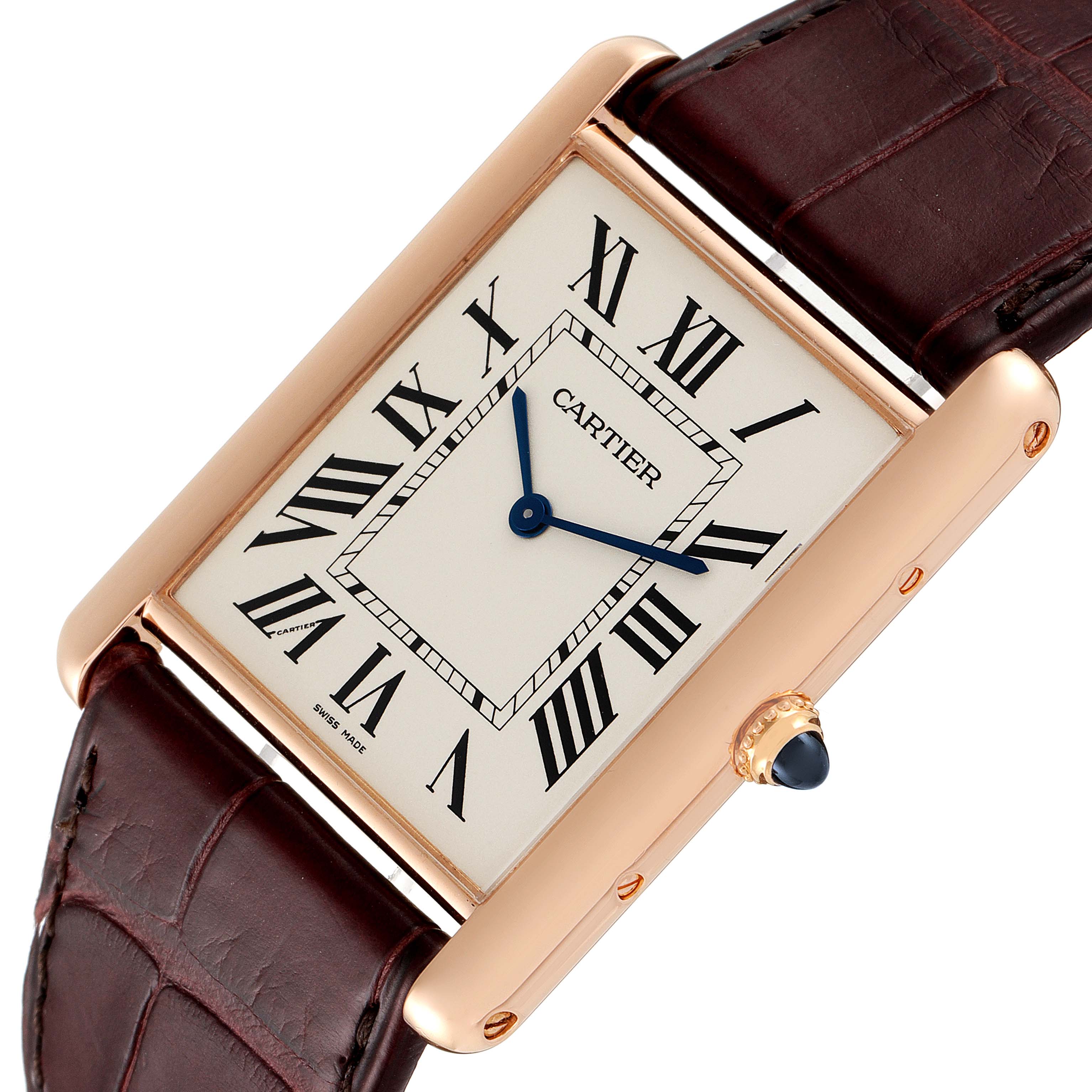 The image shows a Cartier Tank Louis W1560017 Men's Rose Gold Silver Dial W1560017 Men's Rose Gold Silver Dial watch at a tilted angle, highlighting the face, leather strap, and crown.