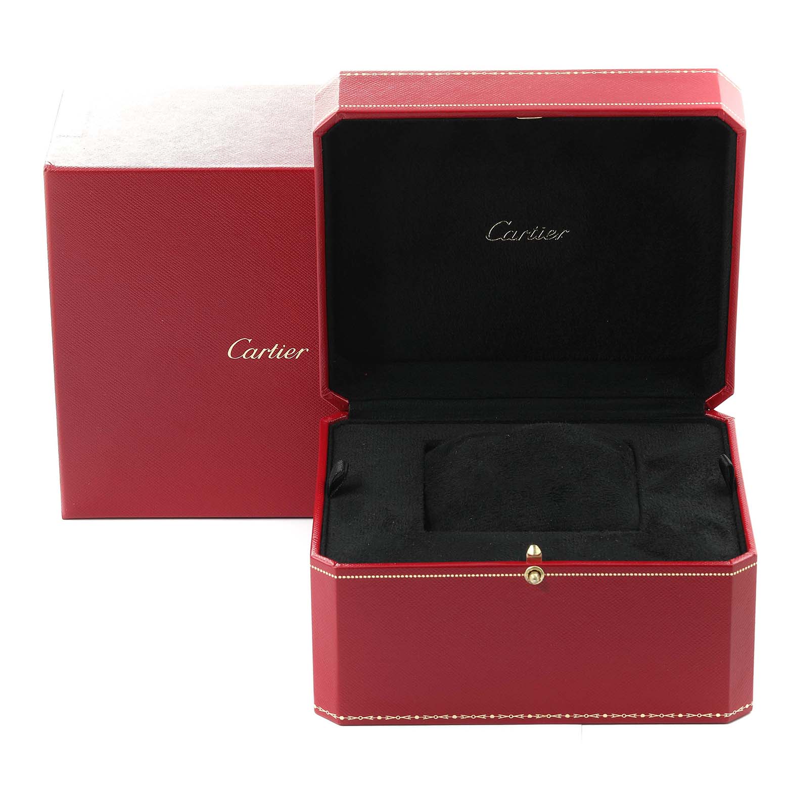 The image shows an open red Cartier box for the Tank Obus model, including the outer box and inner display case.