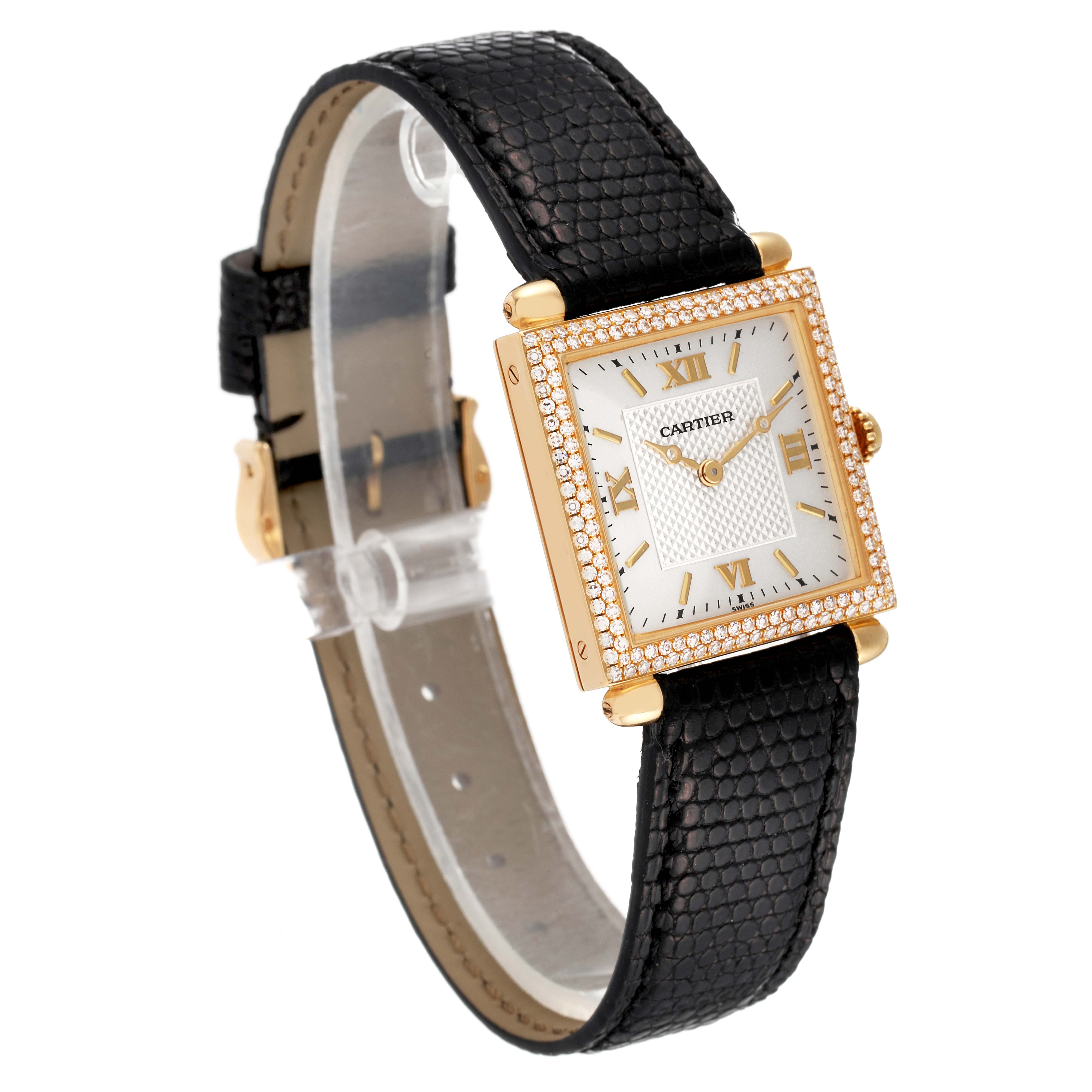 The image shows a Cartier Tank Obus WB800351 Women
s Yellow Gold Silver Dial WB800351 Women
s Yellow Gold Silver Dial watch at a slight angle, highlighting its square face, gold casing, and black leather strap.