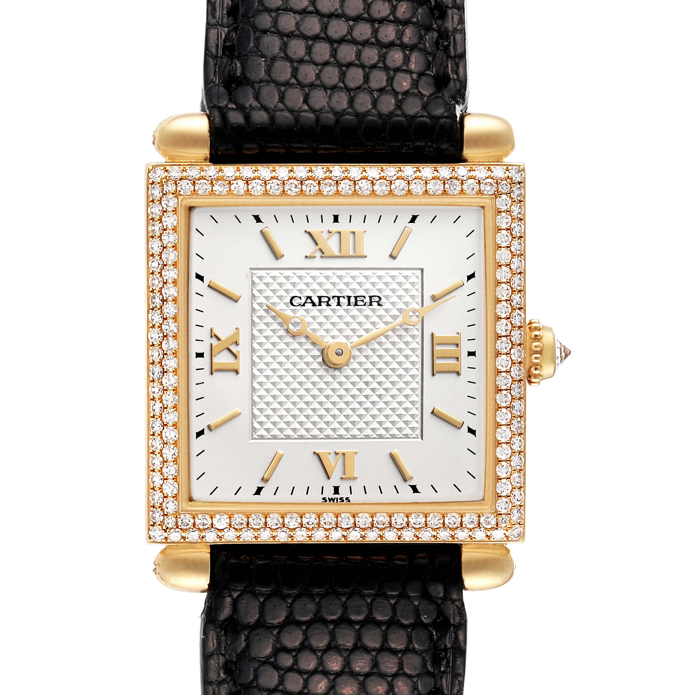 The image shows a front view of a Cartier Tank Obus WB800351 Women
s Yellow Gold Silver Dial WB800351 Women
s Yellow Gold Silver Dial watch, featuring a rectangular face with gold details and diamond accents.