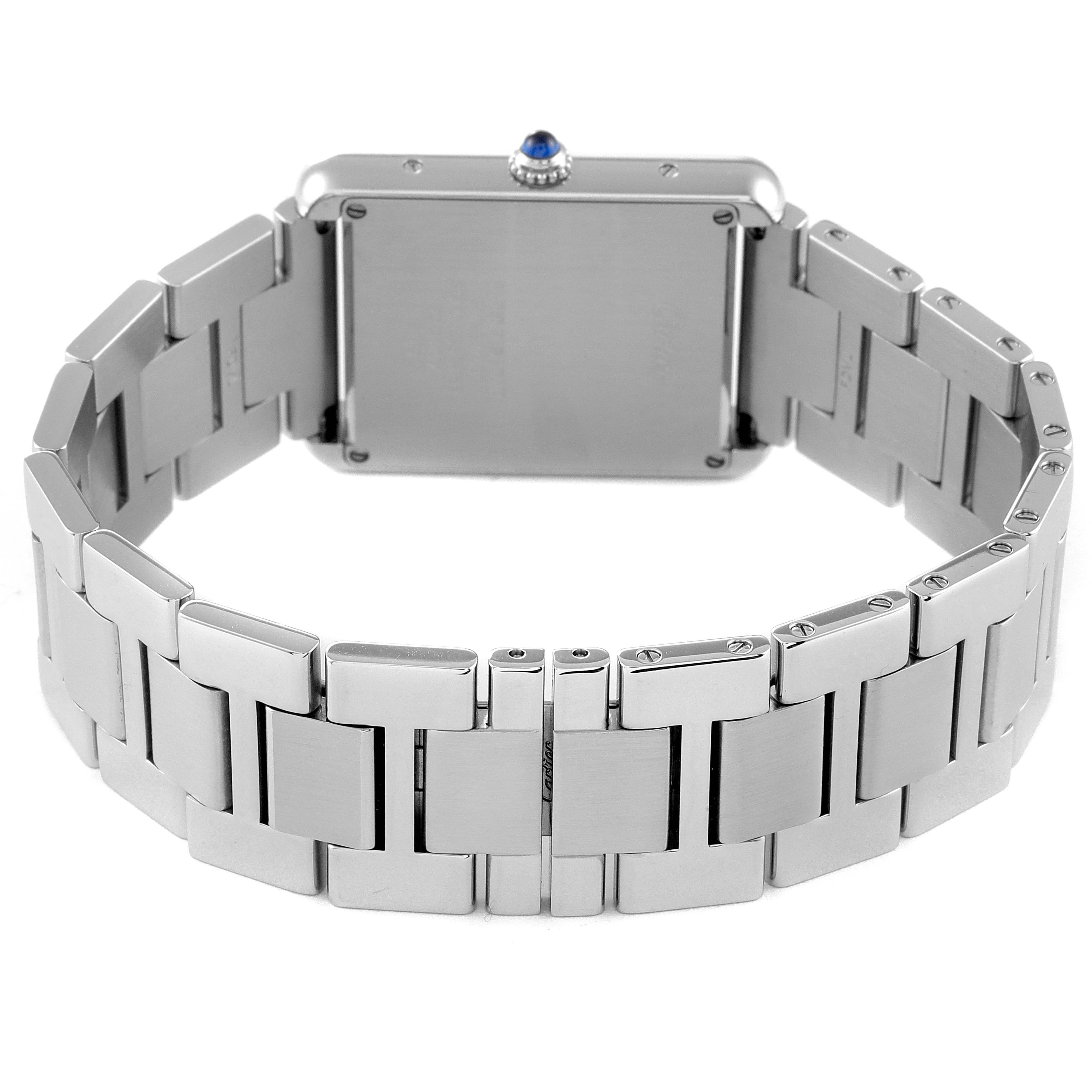 This image shows the back of a Cartier Tank Solo W5200014 Men
s Stainless Steel Silver Dial W5200014 Men
s Stainless Steel Silver Dial watch, highlighting the case back, crown, and stainless steel bracelet.