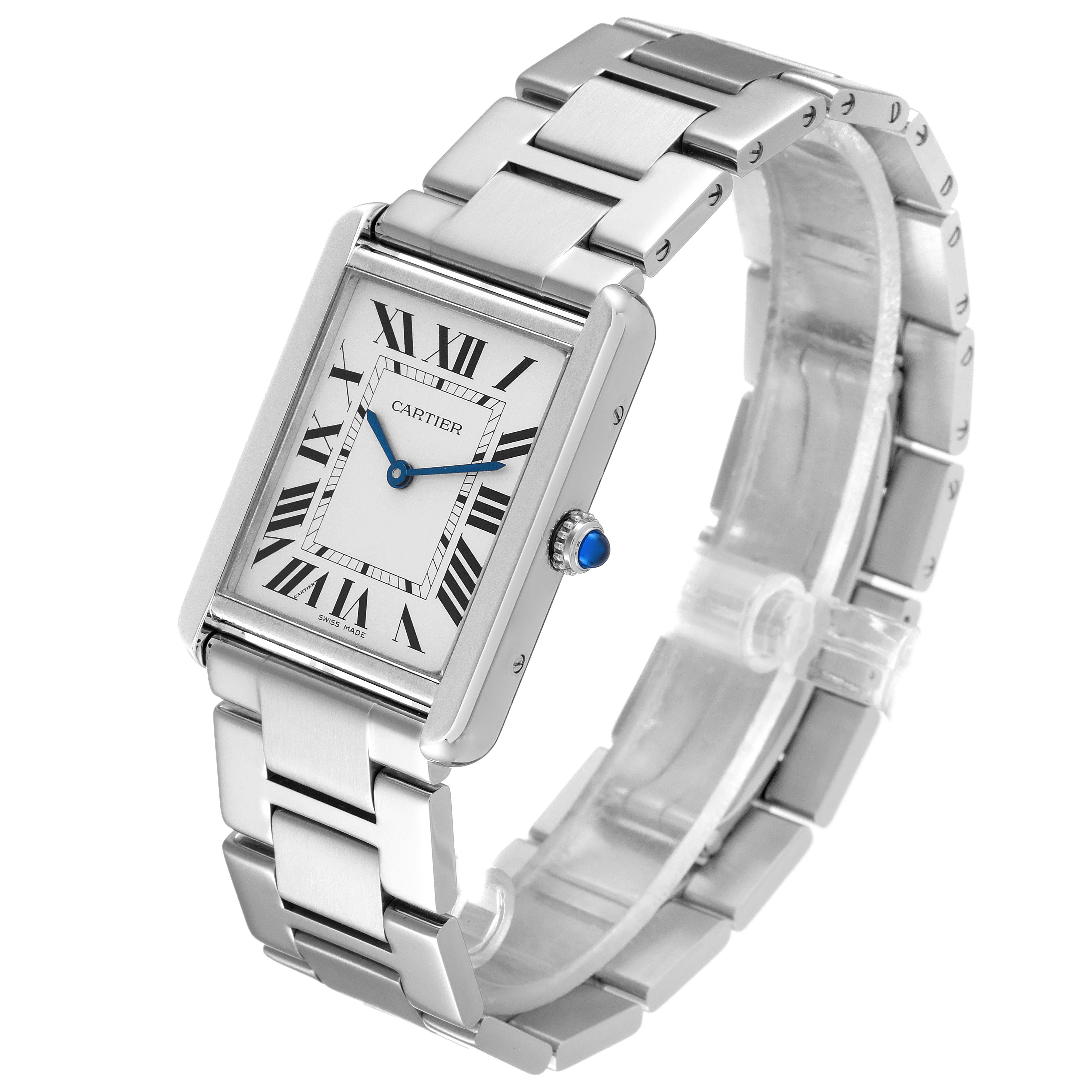 This image shows a Cartier Tank Solo W5200014 Men
s Stainless Steel Silver Dial W5200014 Men
s Stainless Steel Silver Dial watch in a tilted angle, highlighting the face, bezel, crown, and metal bracelet.